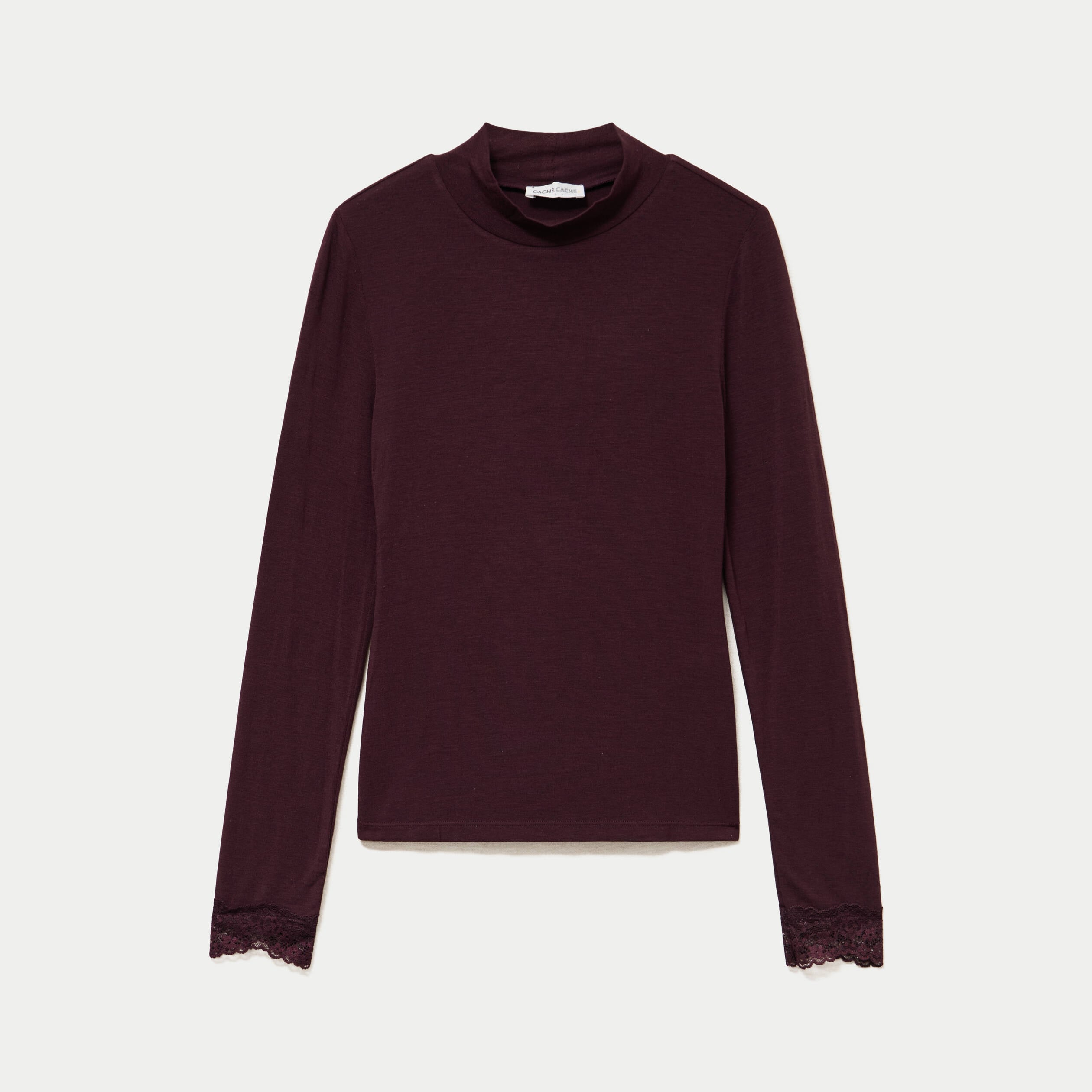 T-shirt ajust&eacute; col roul&eacute; dentelle prune femme