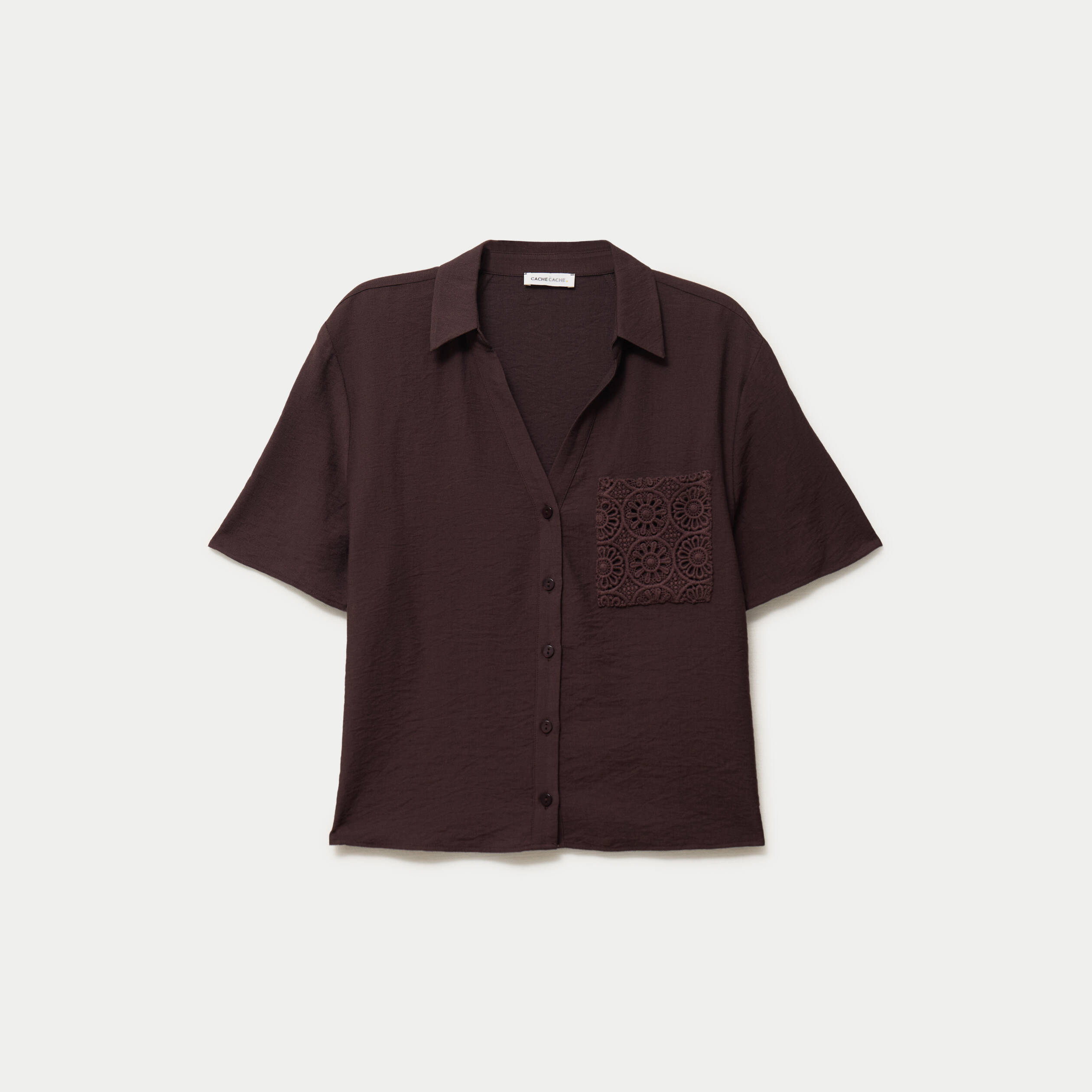 Chemise droite cropped manches courtes marron fonc&eacute; femme