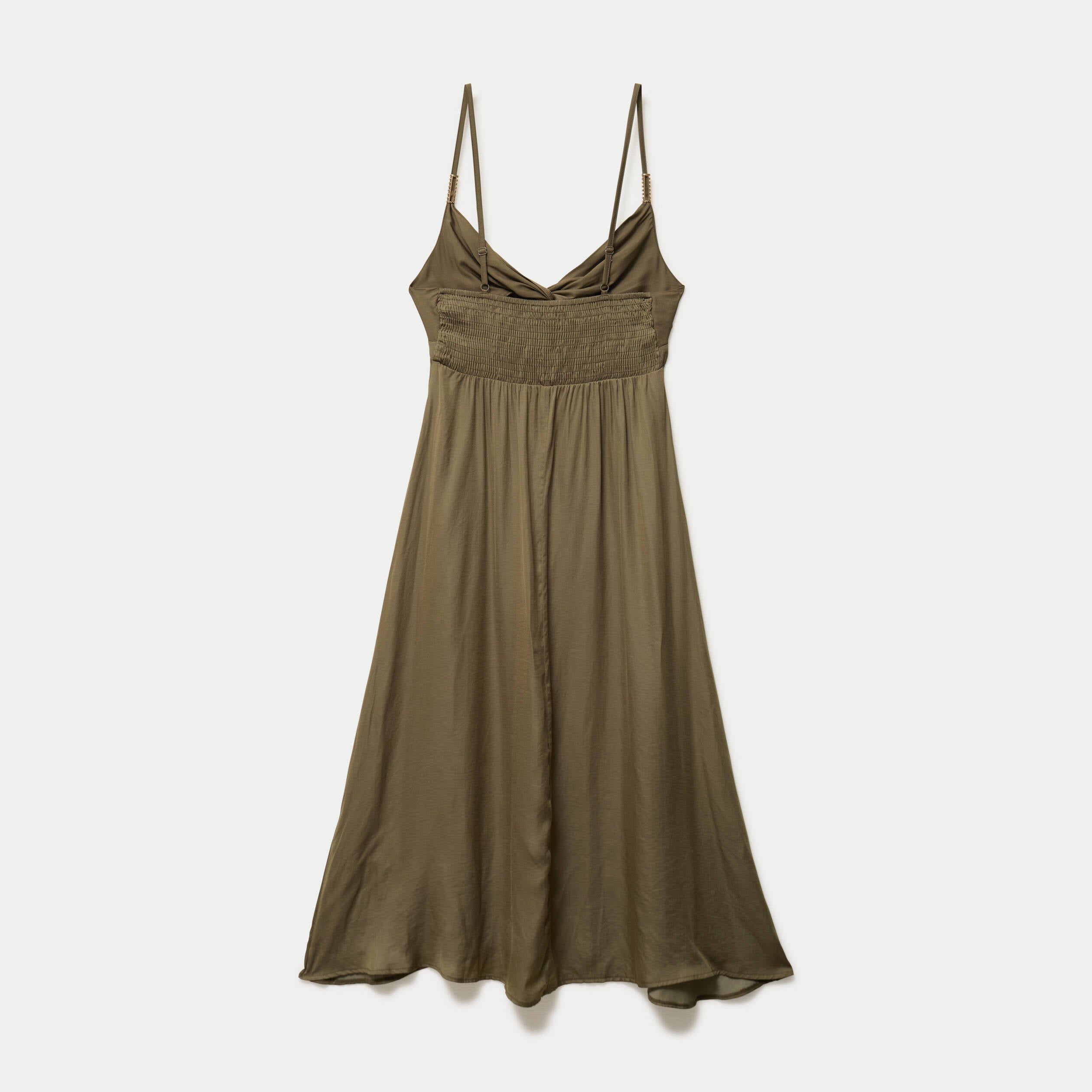Robe longue &eacute;vas&eacute;e col v satin&eacute;e vert kaki femme