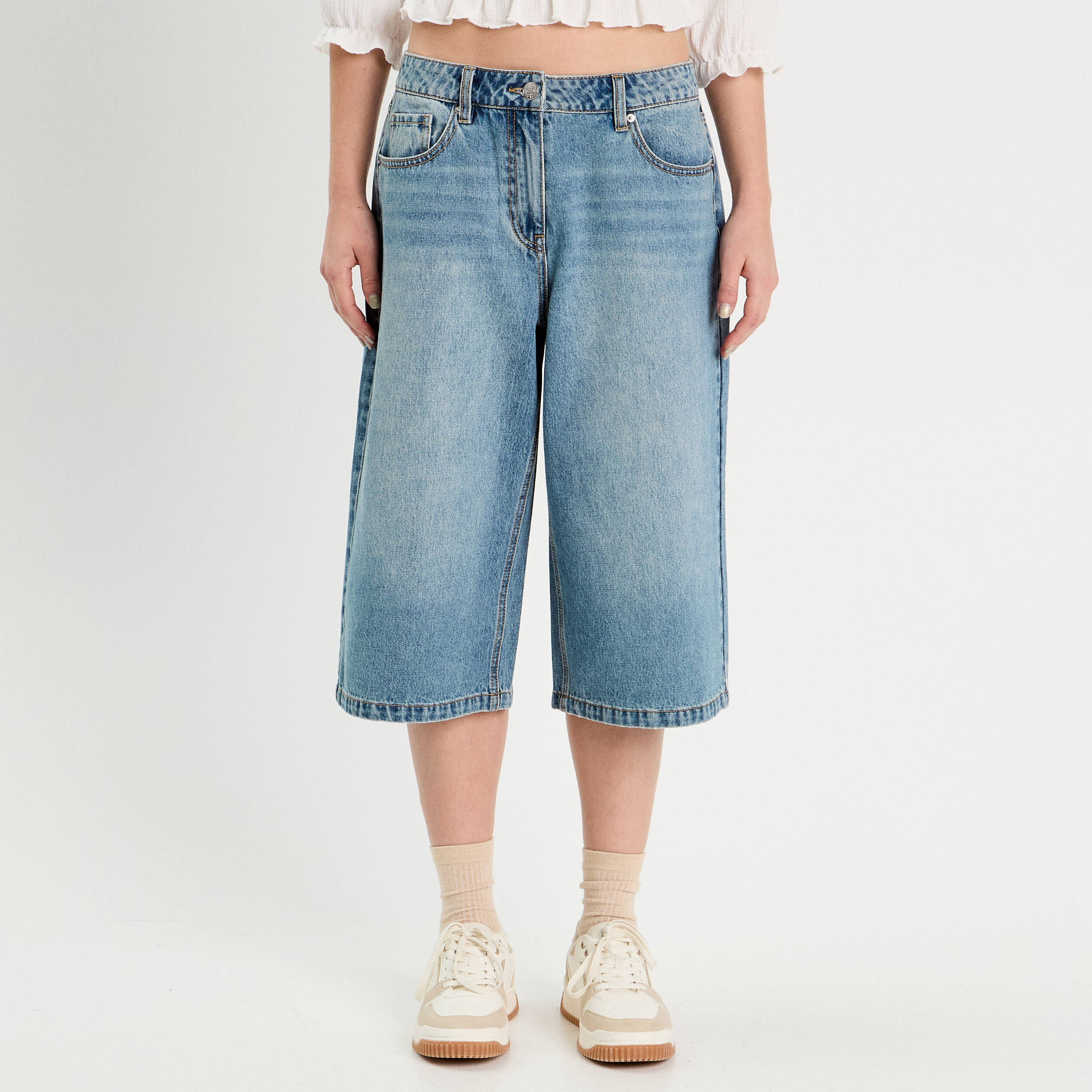 Bermuda large en jean denim double stone femme
