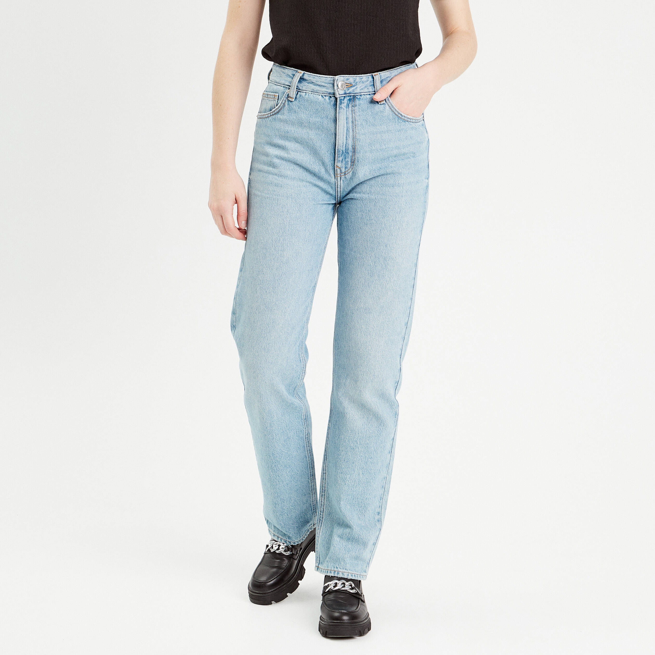 jeans droit taille haute denim double stone femme Jeans droit taille haute denim double stone femme