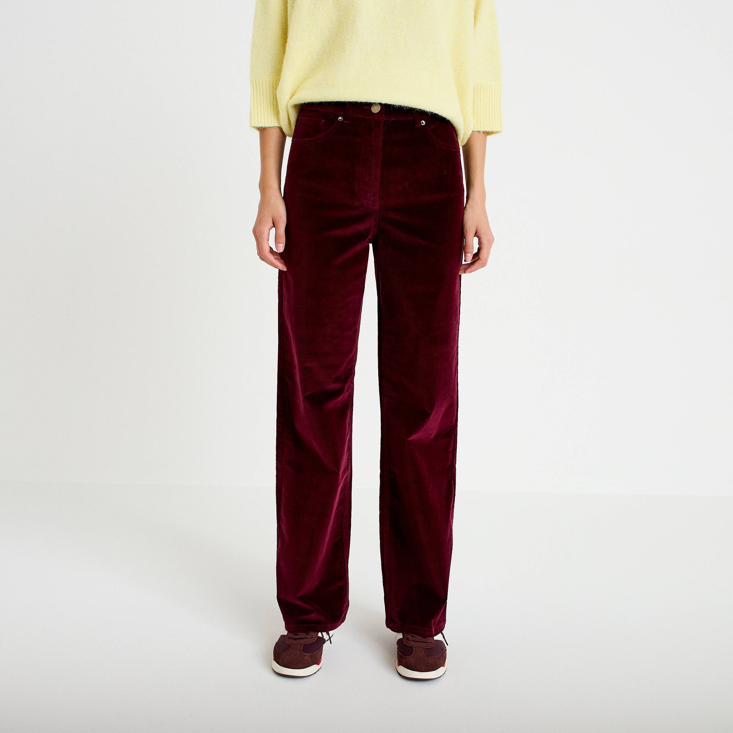 Pantalon bootcut taille haute velours bordeaux femme