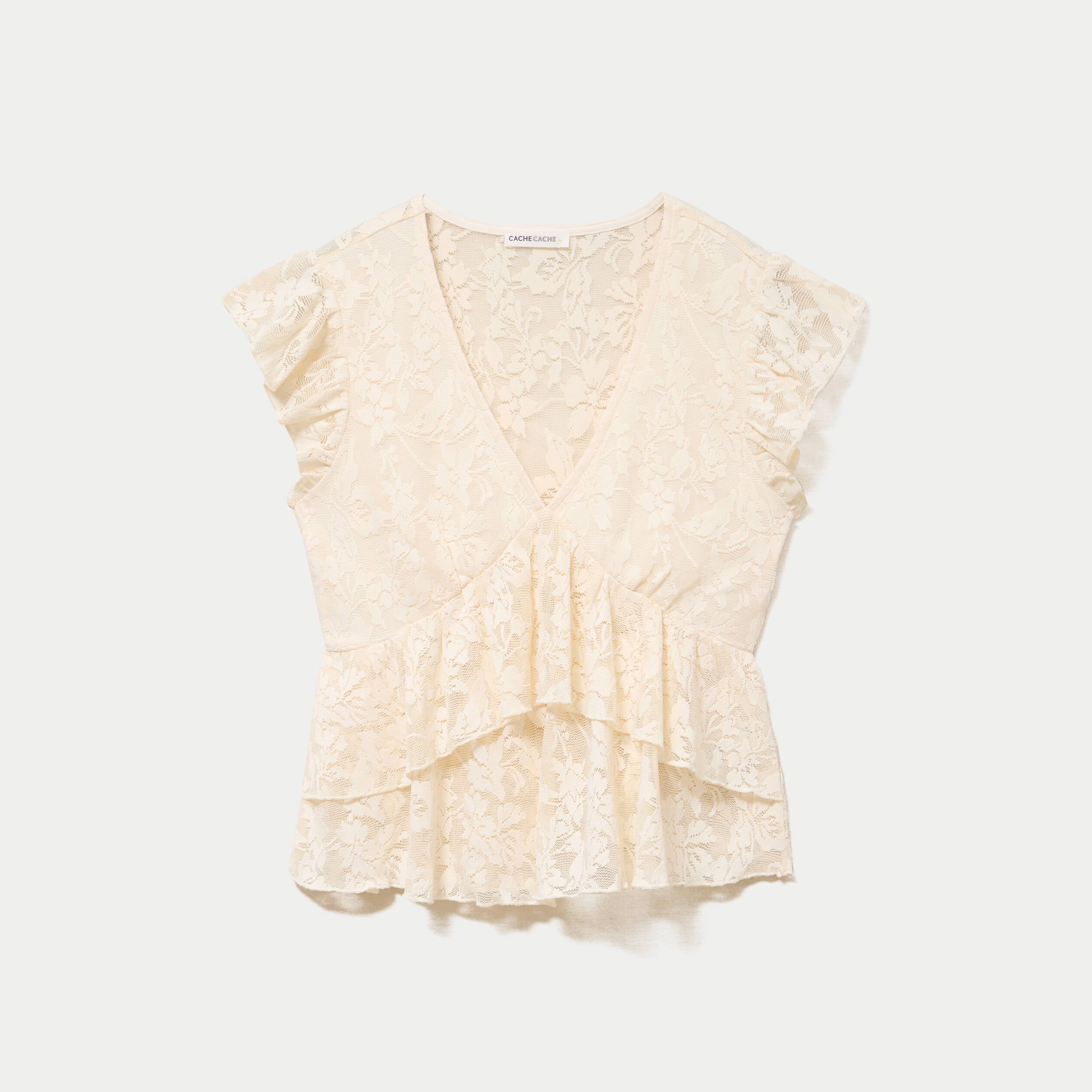 Blouse manches courtes aspect dentelle ecru femme