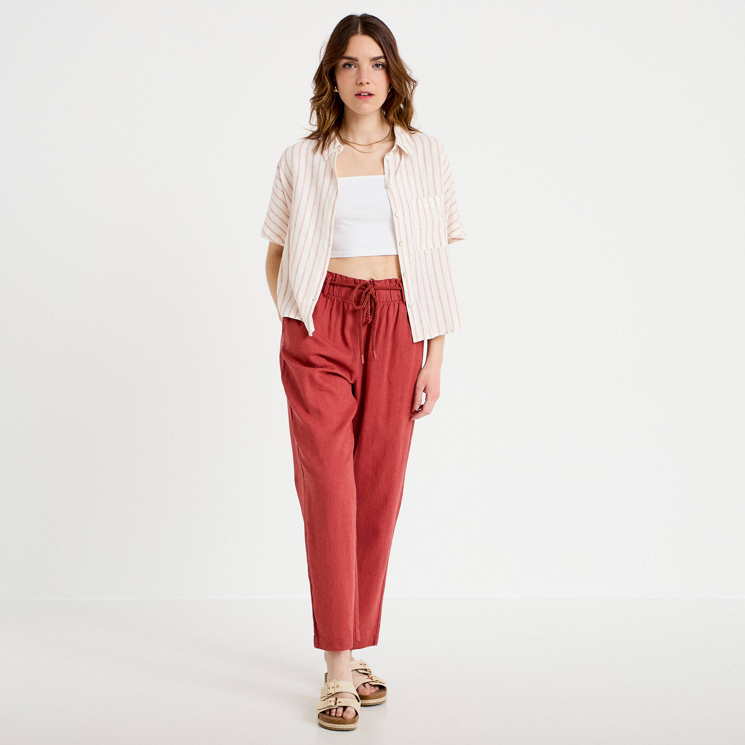 Pantalon droit 7/8&egrave;me taille haute vieux rose femme