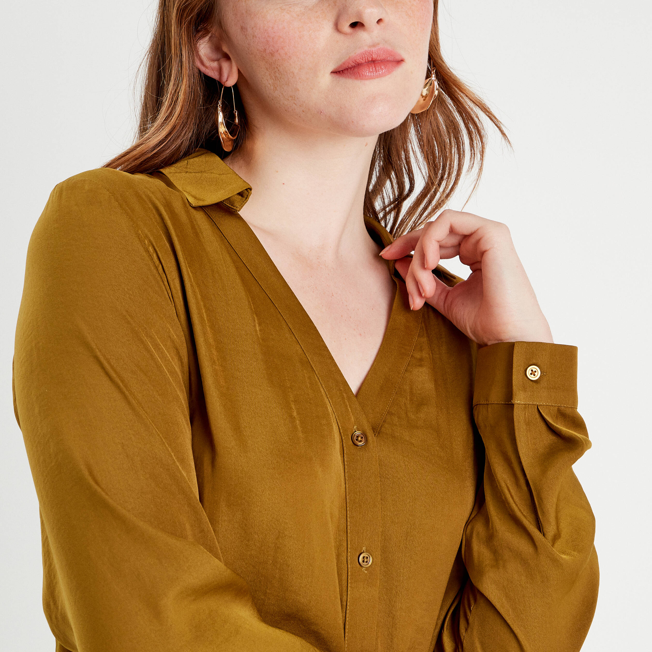 Vert Olive Chemisier Satin Vert Femme Chemise Manches Longues