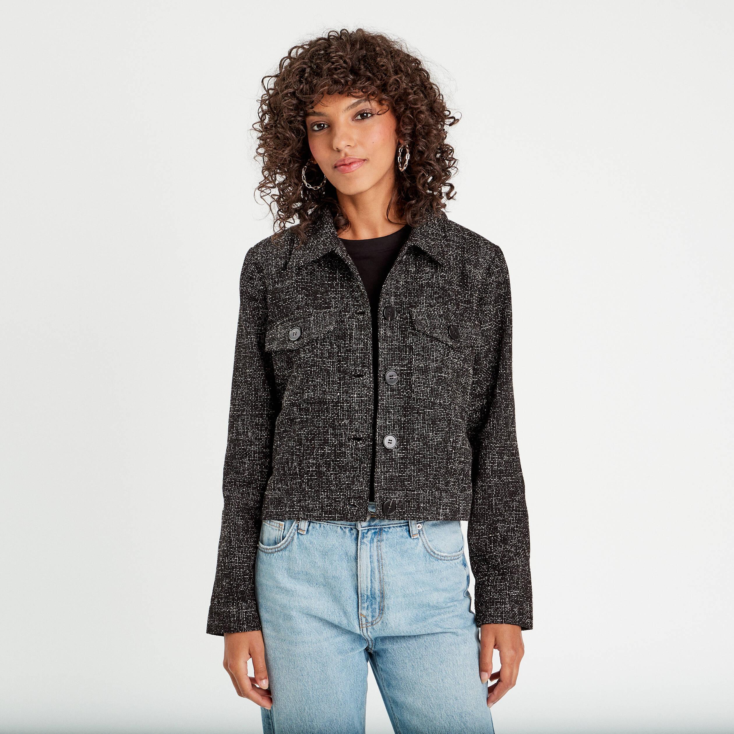 Veste boutonn?�e tweed noir femme | Vibs