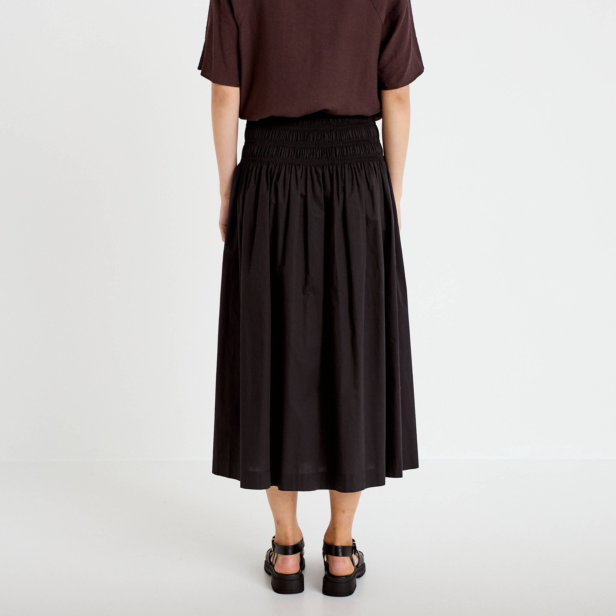 Jupon &eacute;vas&eacute; taille smock&eacute;e noir femme