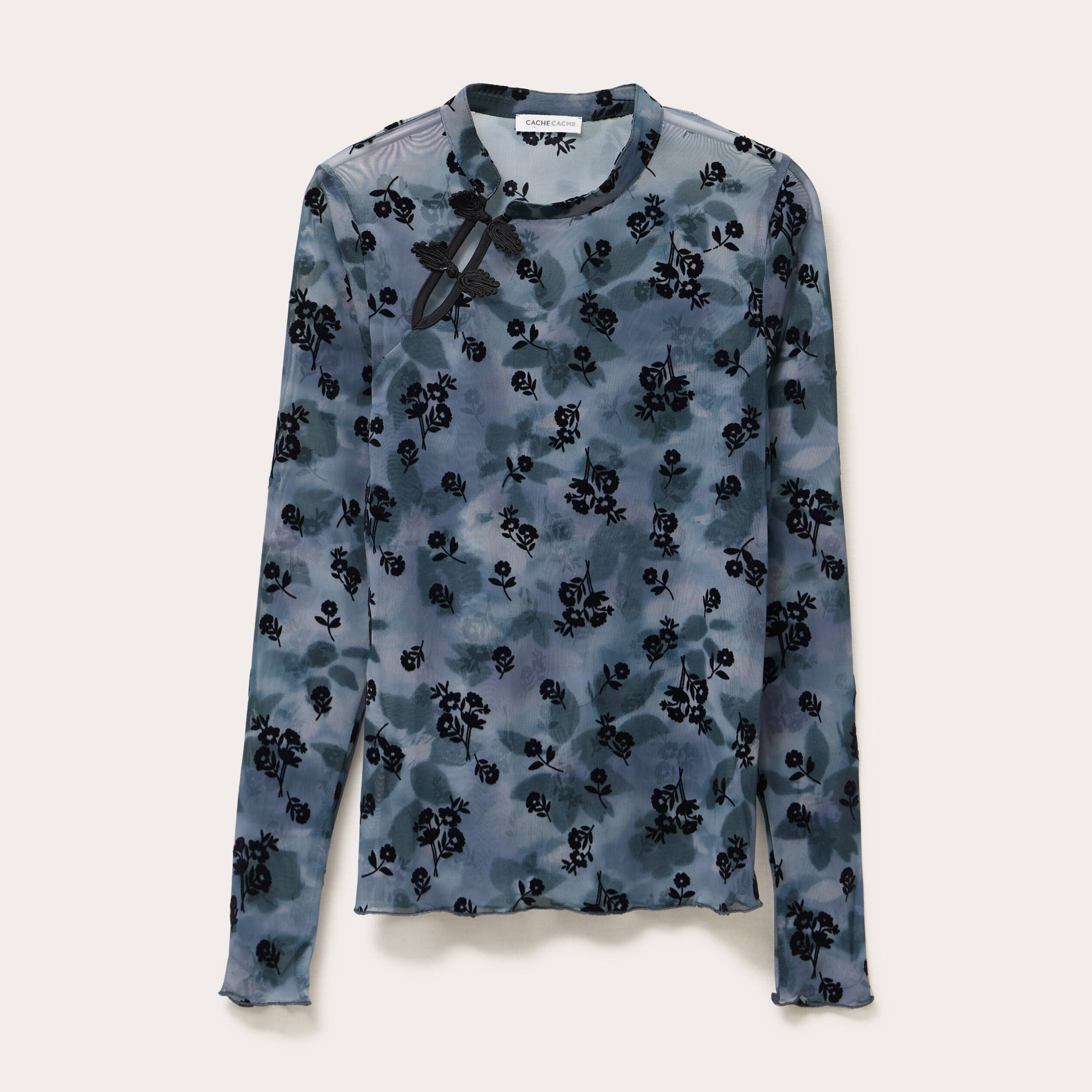 T-shirt col montant manches longues gris femme
