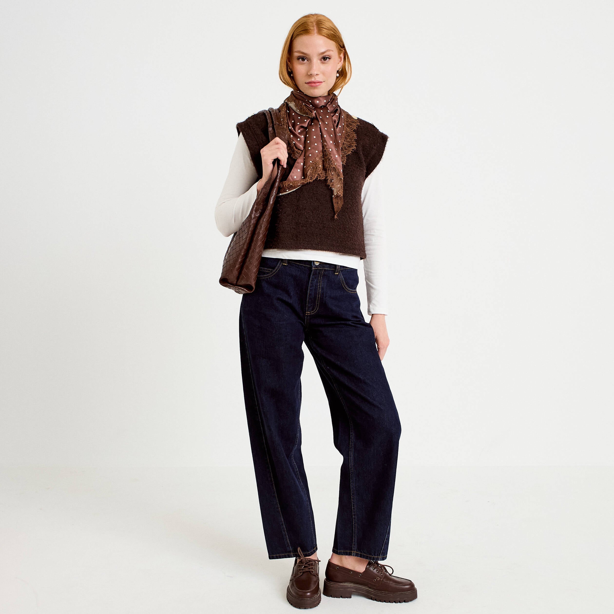 Pull 2-en-1 manches longues col rond marron fonc&eacute; femme