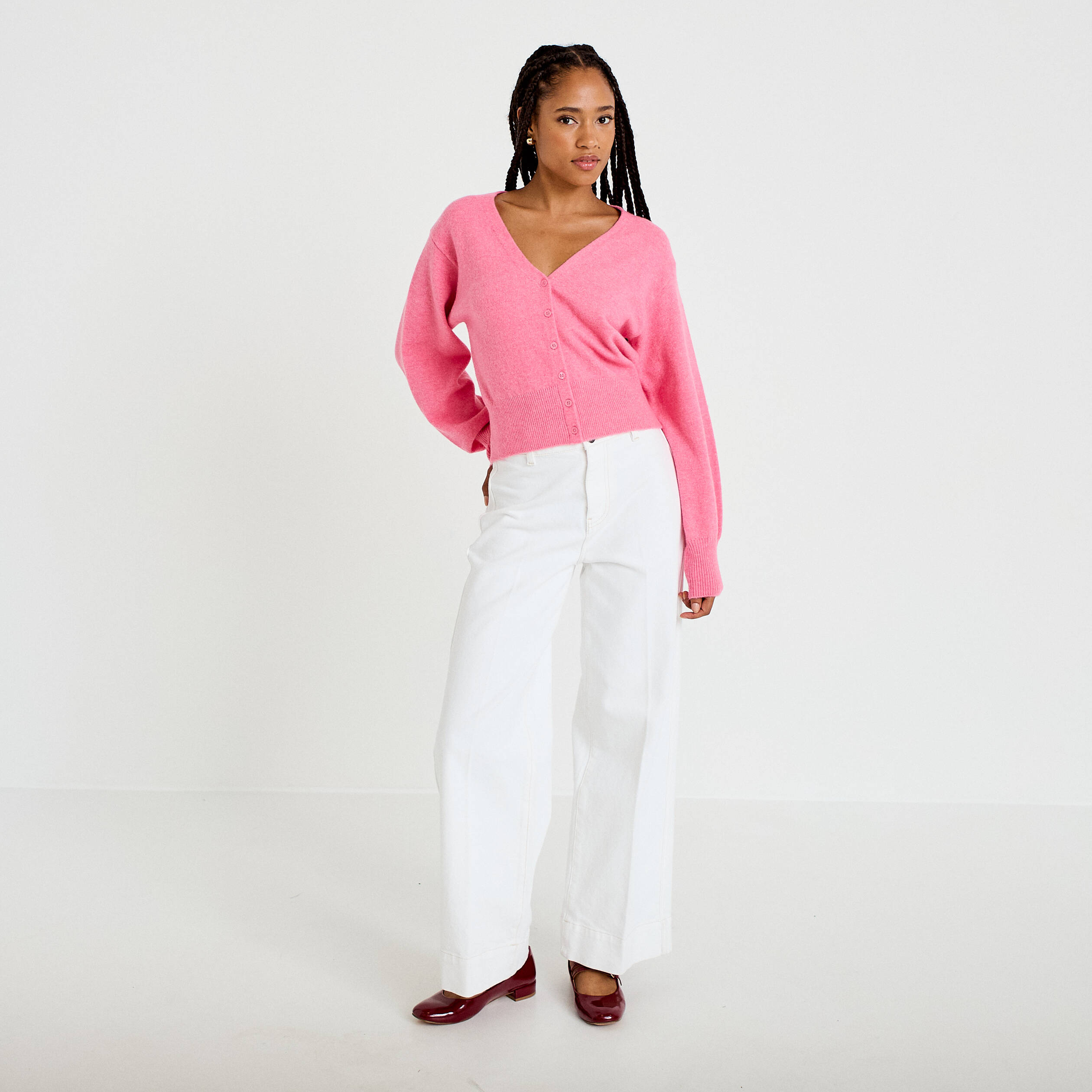Gilet col v manches longues rose vif femme