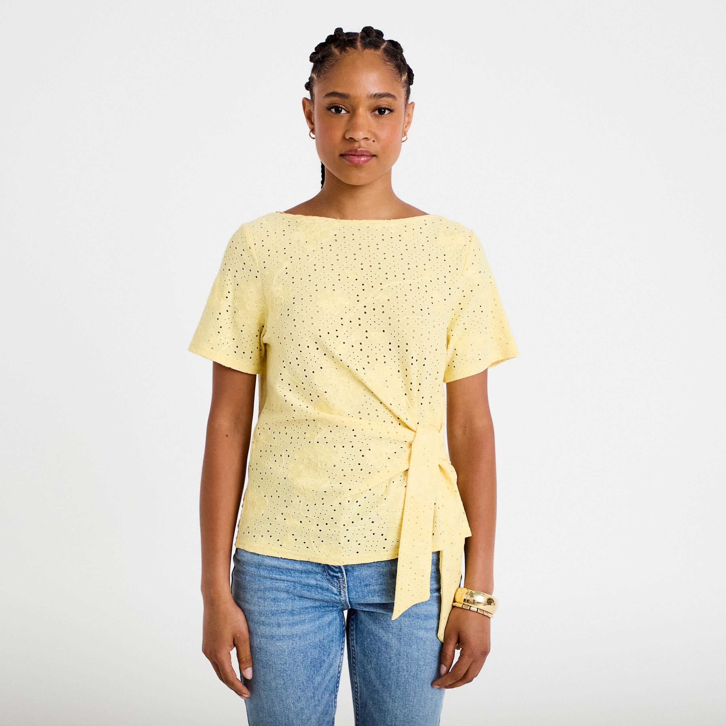 Blouse col v manches courtes jaune clair femme