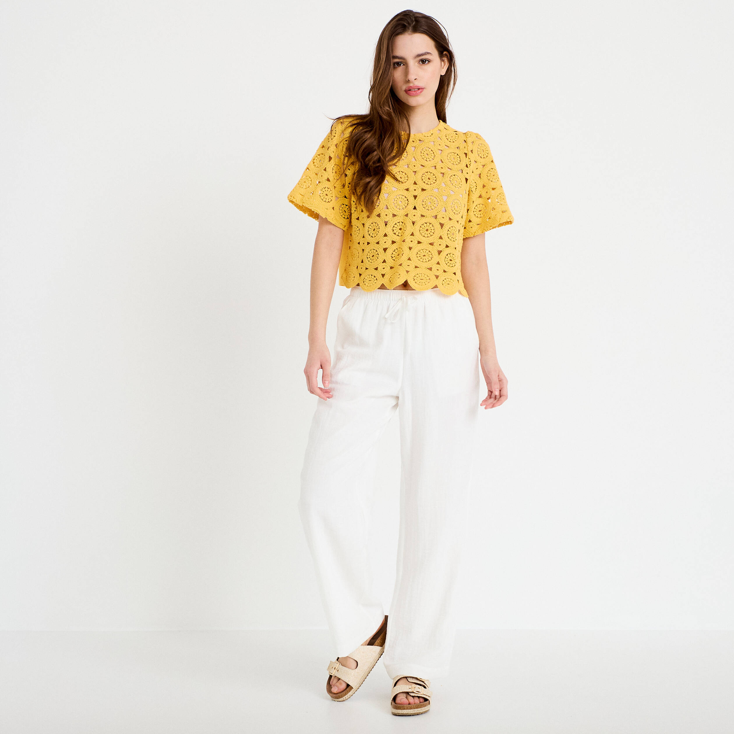 Pantalon large fluide taille &eacute;lastiqu&eacute;e ecru femme