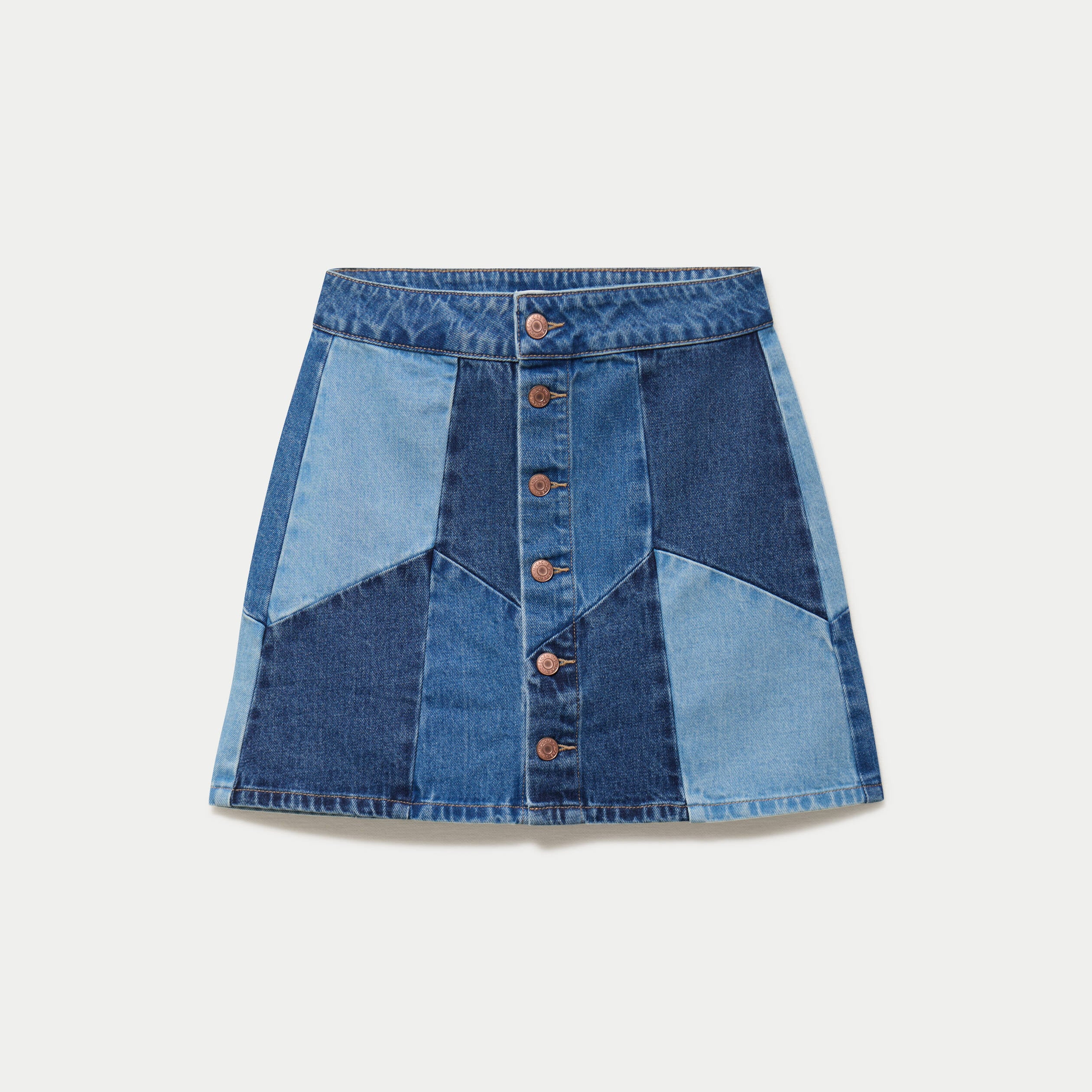 Jupe courte &eacute;vas&eacute;e taille haute en jean denim double stone femme