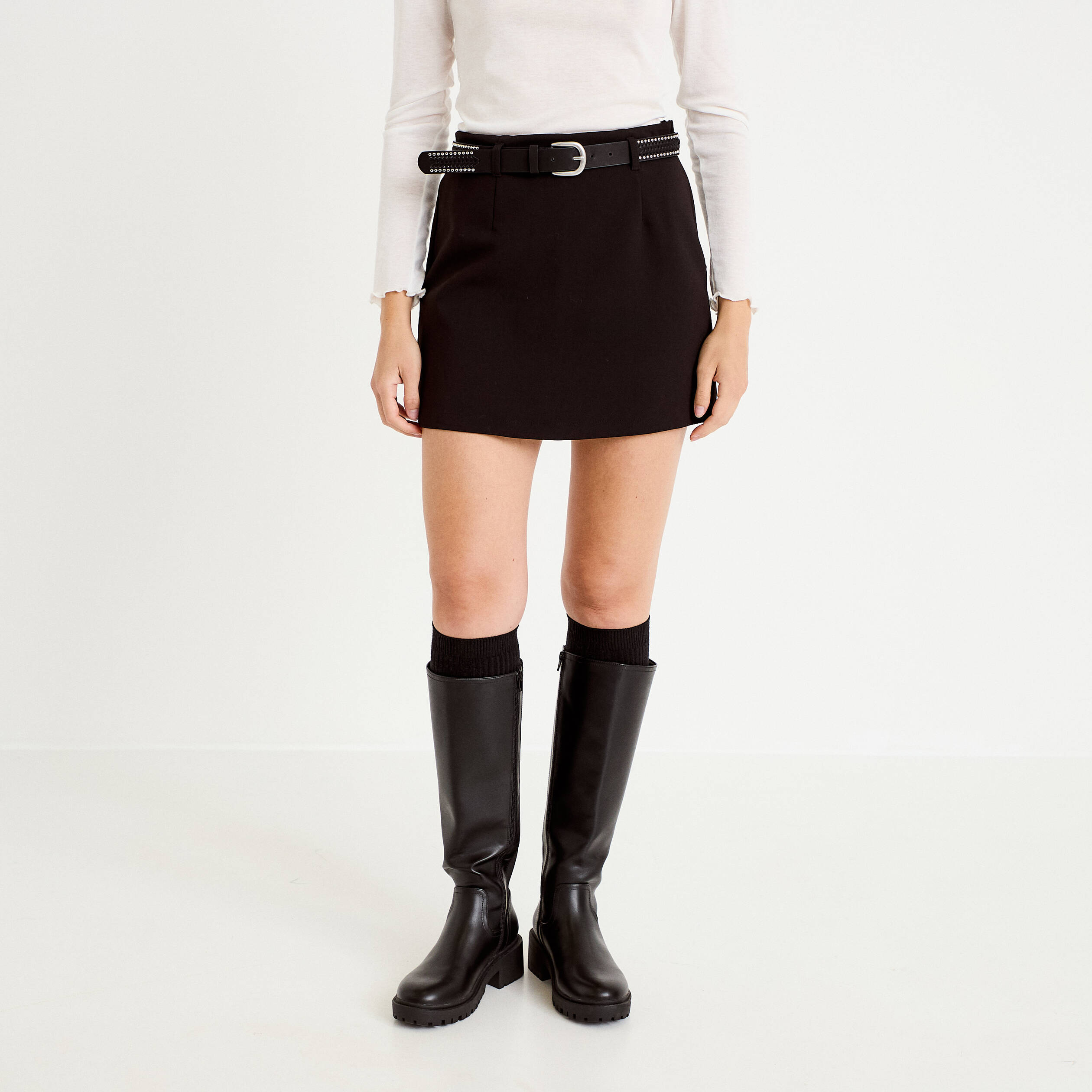 Jupe-short droite avec ceinture amovible noir femme