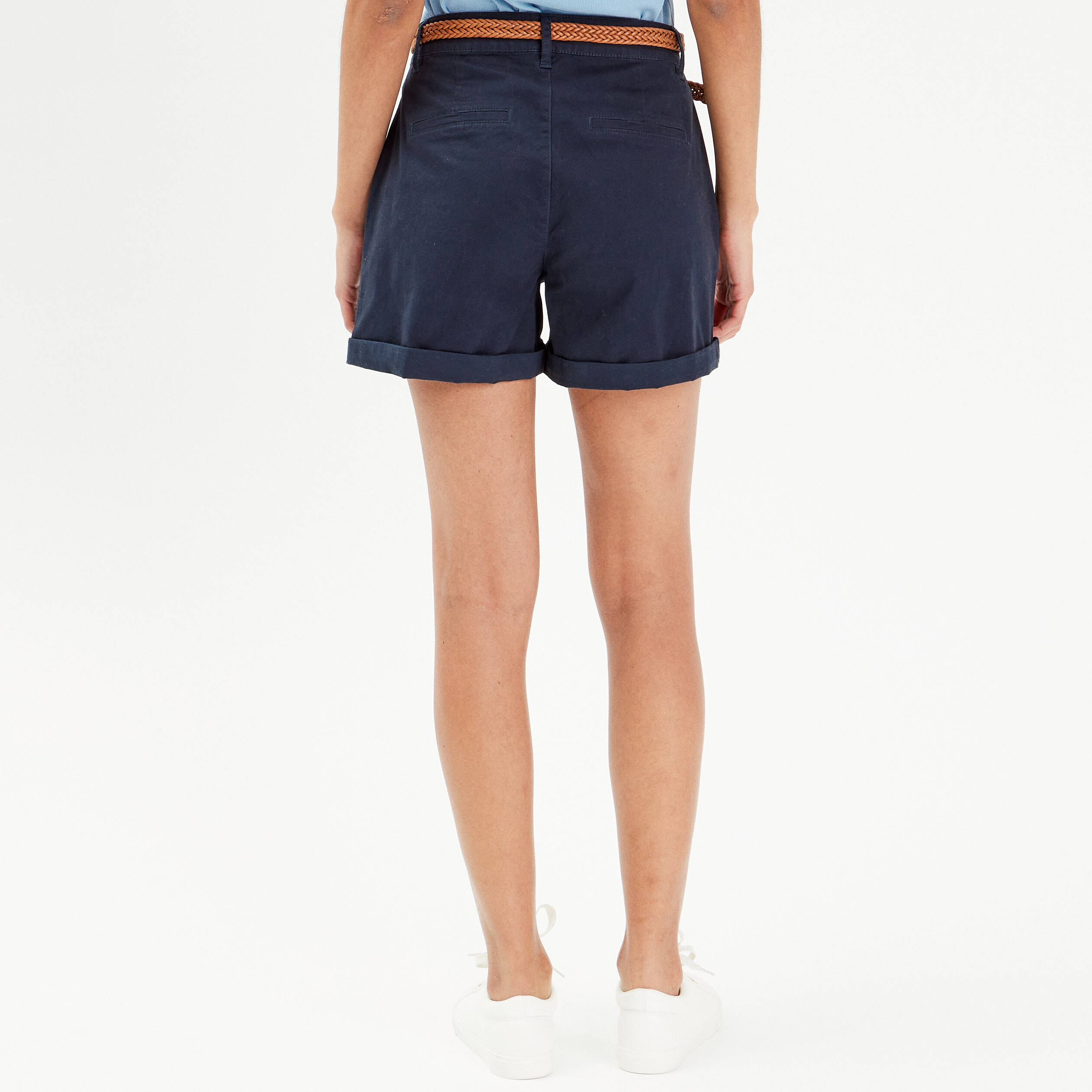Short chino ceintur&eacute; bleu marine femme