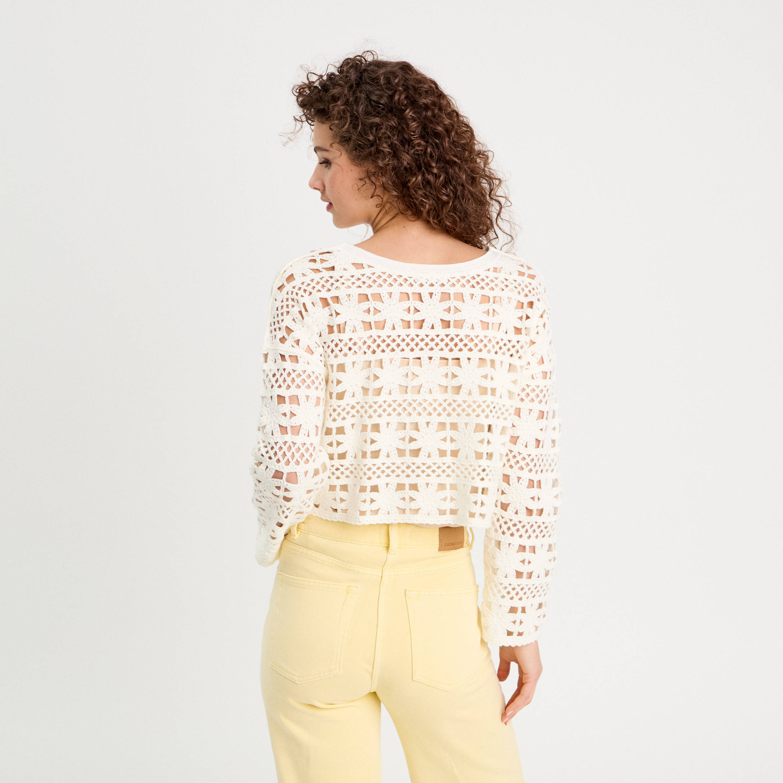 Pull ajour&eacute; effet crochet ecru femme