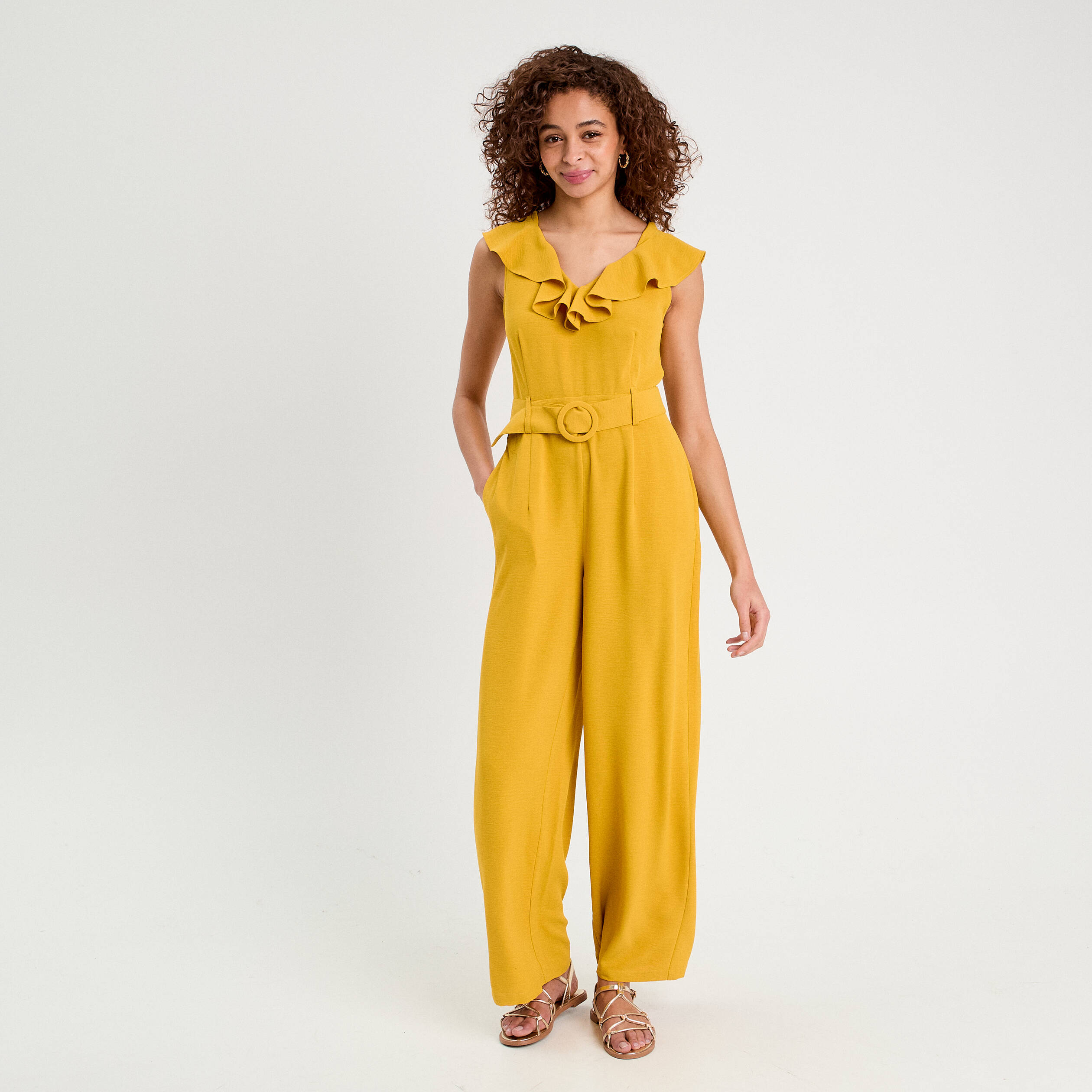 Combinaison pantalon ceintur&eacute;e jaune citron femme