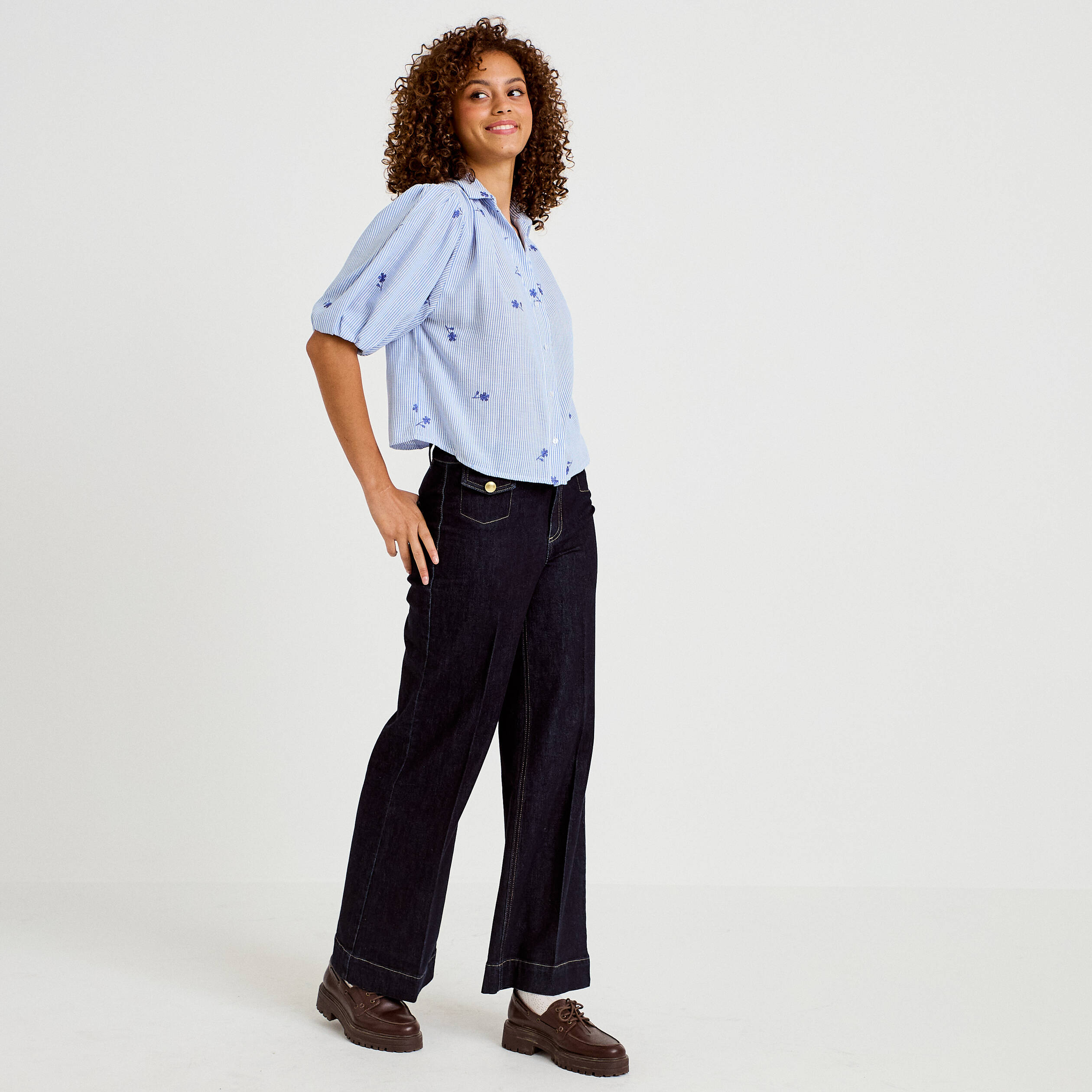 Chemise droite col classique manches 3/4 bleu clair femme