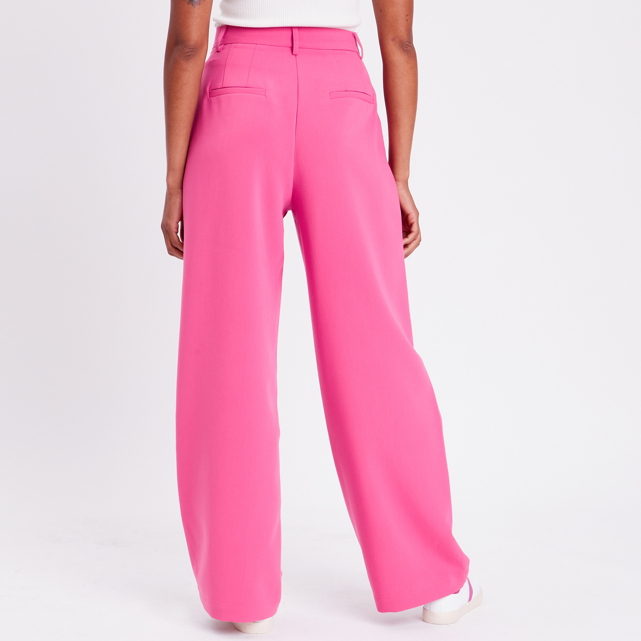 Pantalon large taille haute rose femme