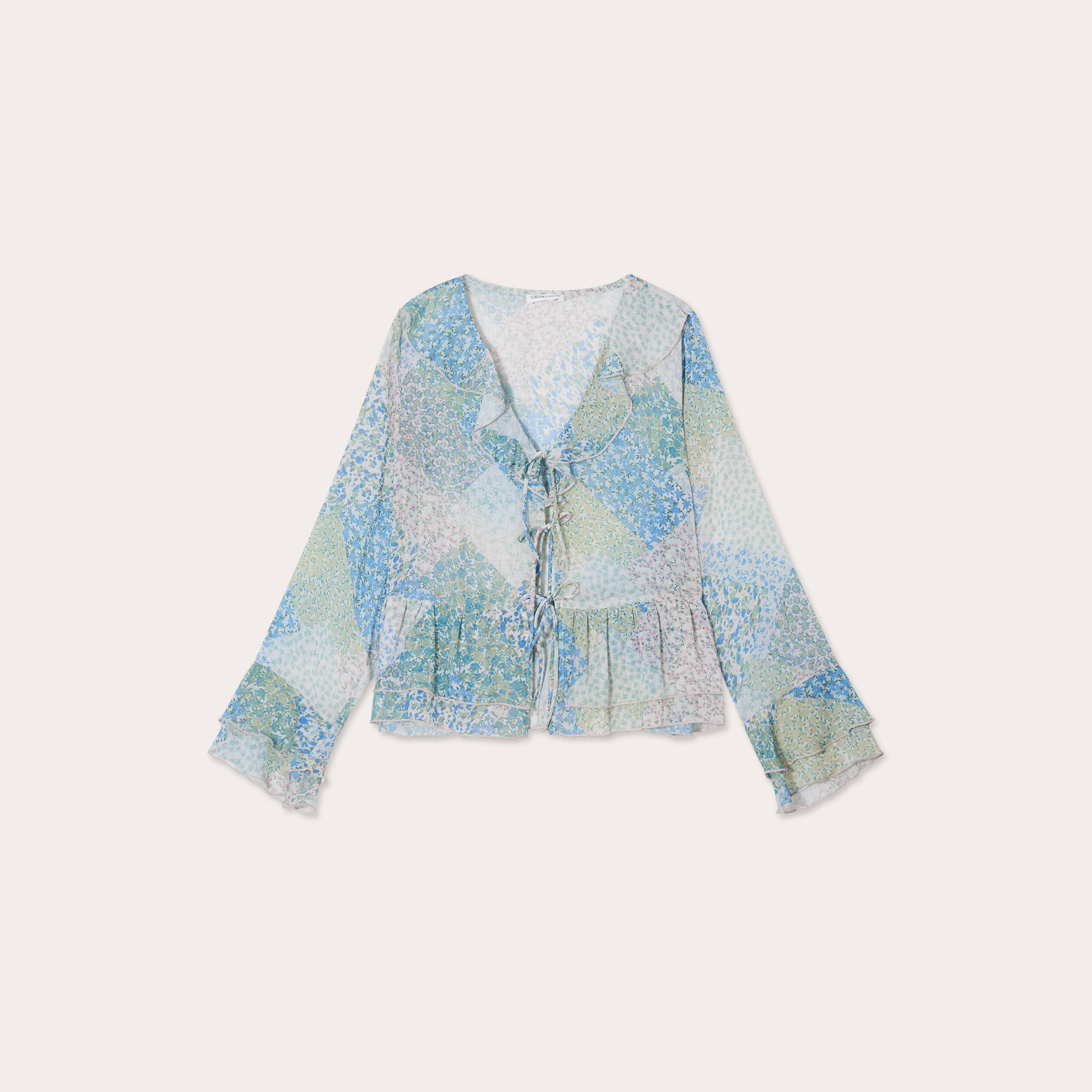 Blouse nou&eacute;e manches longues bleu pastel femme