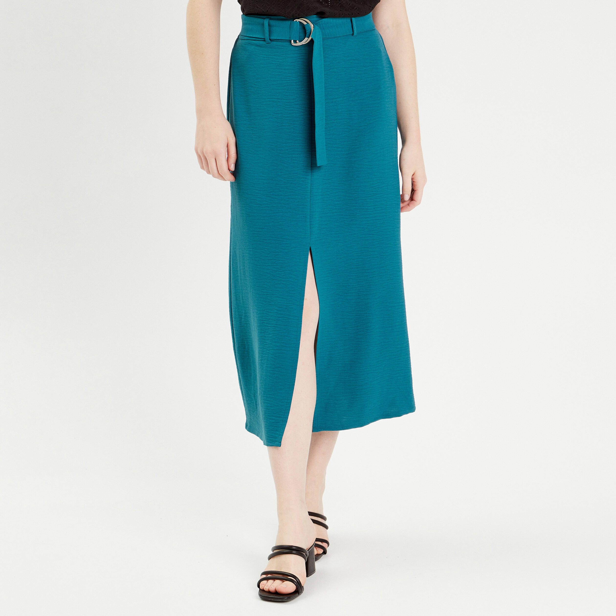 Jupe midi Leonie en satin de coton en bleu – Joseph