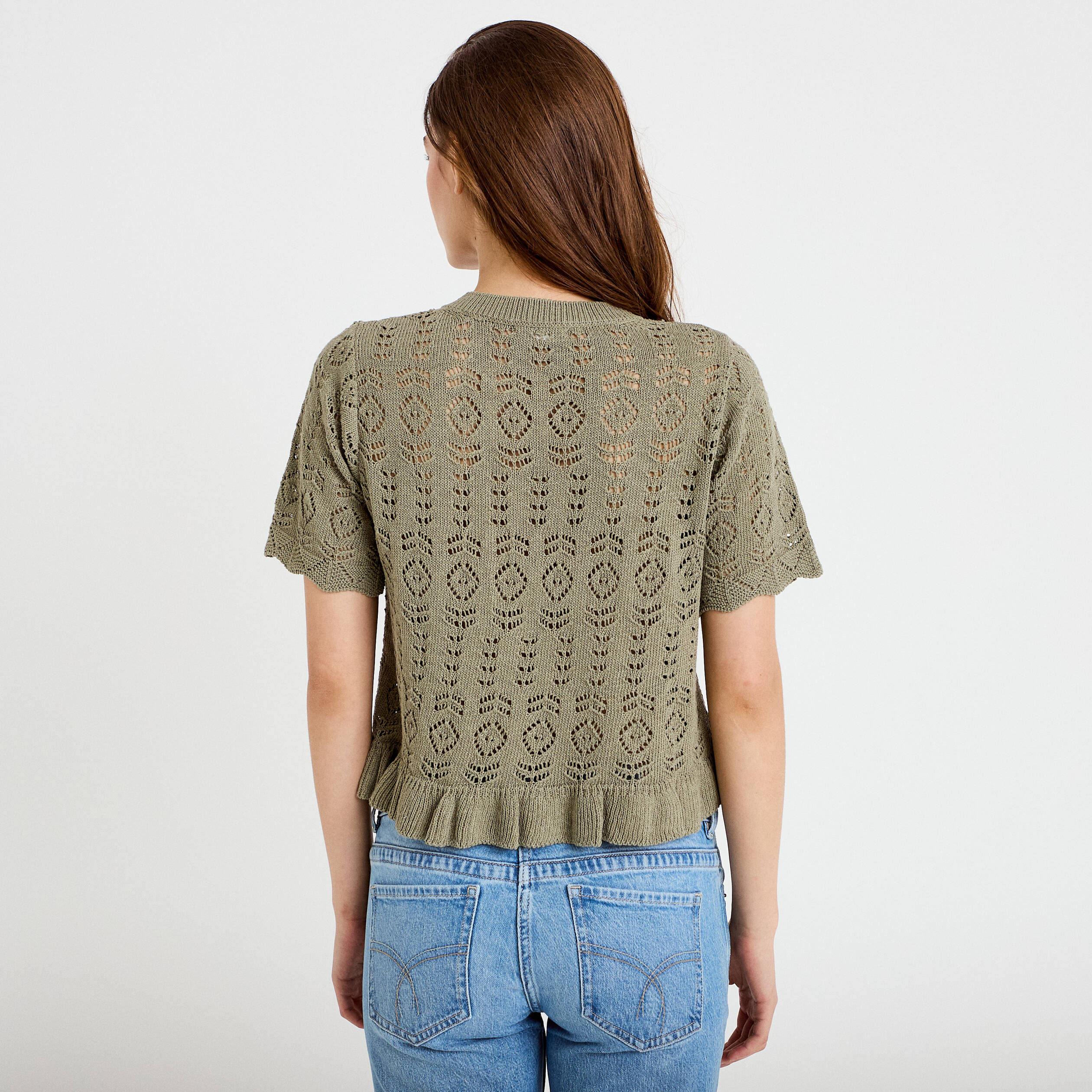 Gilet ajour&eacute; manches courtes col rond vert kaki femme