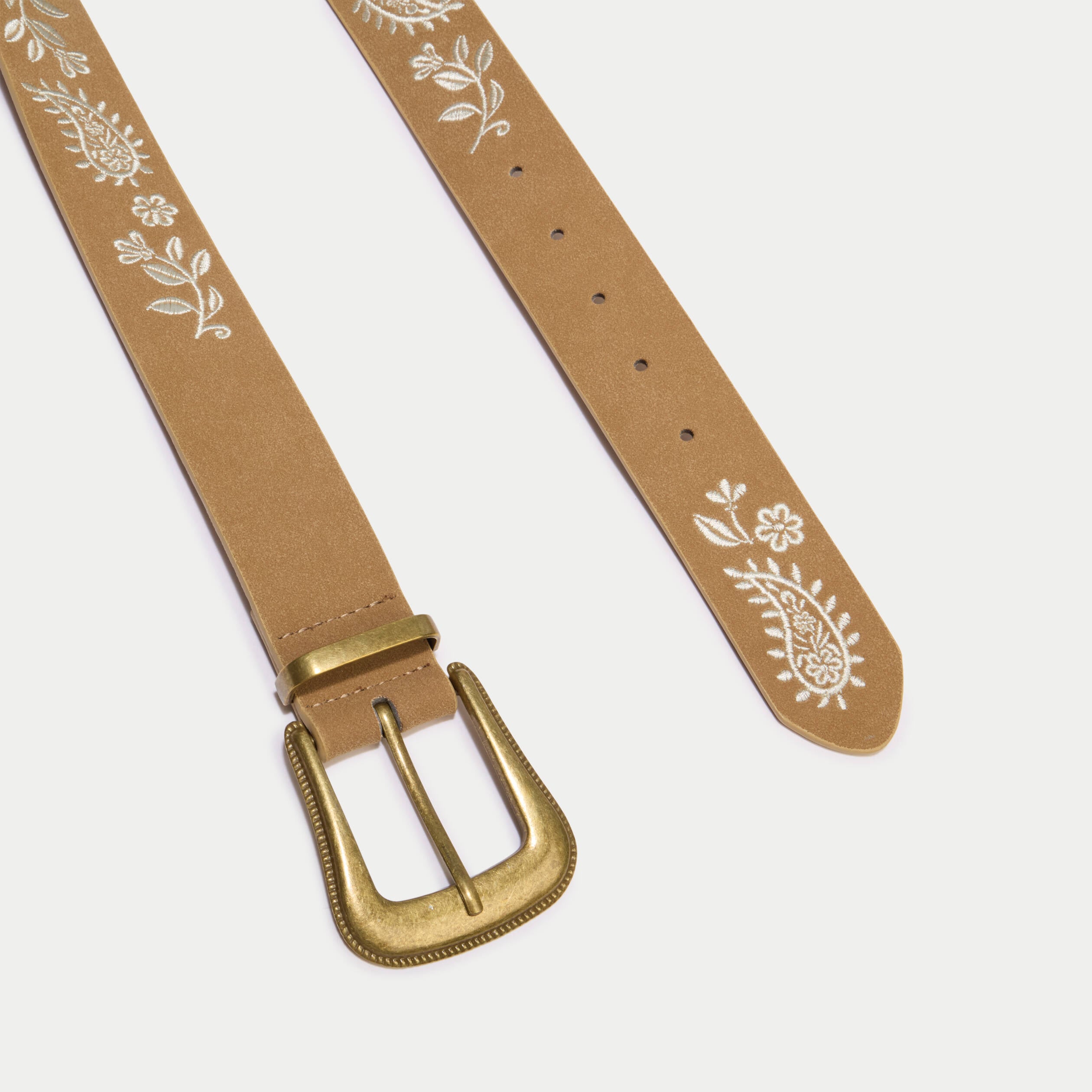 Ceinture large aspect daim broderie beige femme