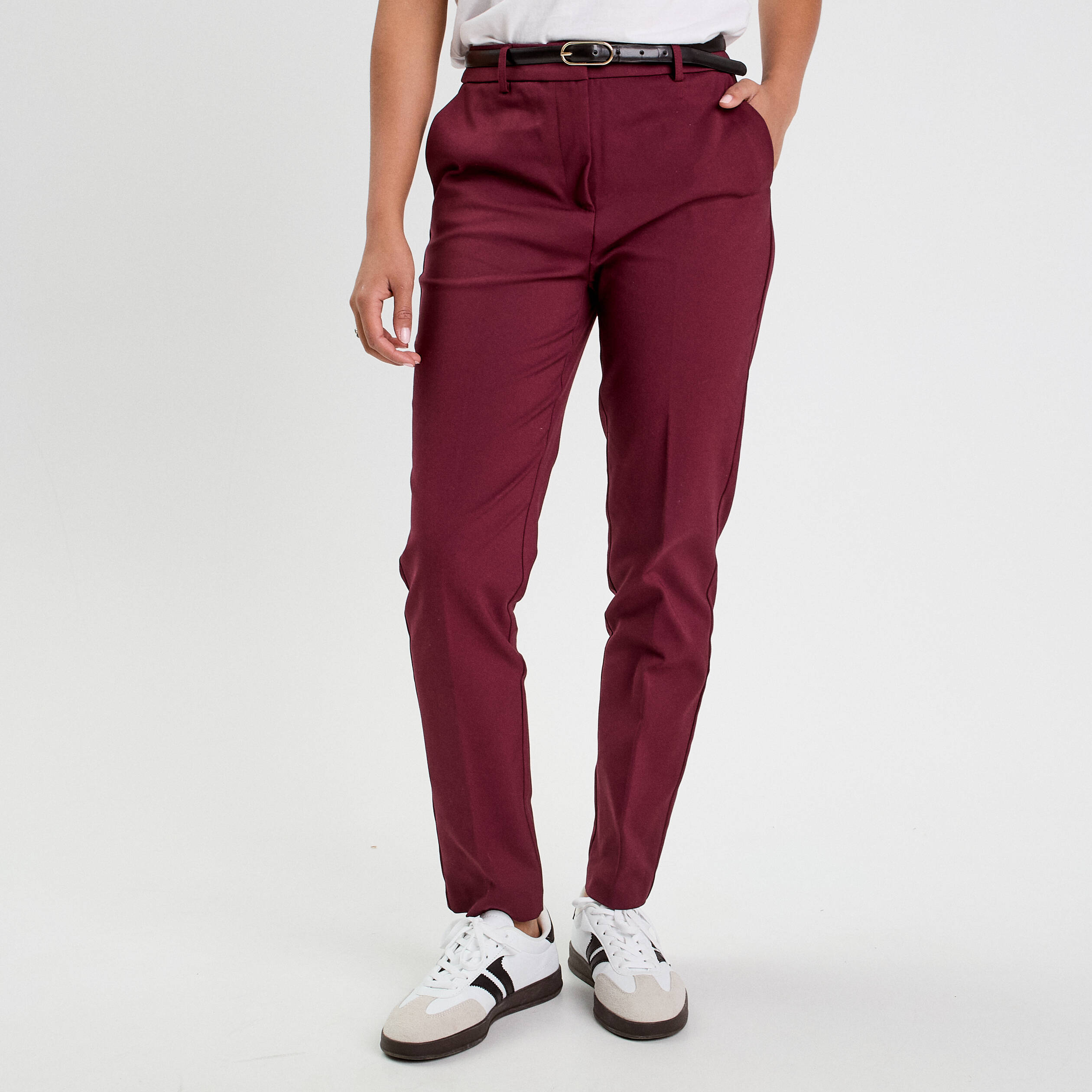 pantalon cigarette ceinture violet fonce femme Pantalon cigarette ceinturé violet foncé femme