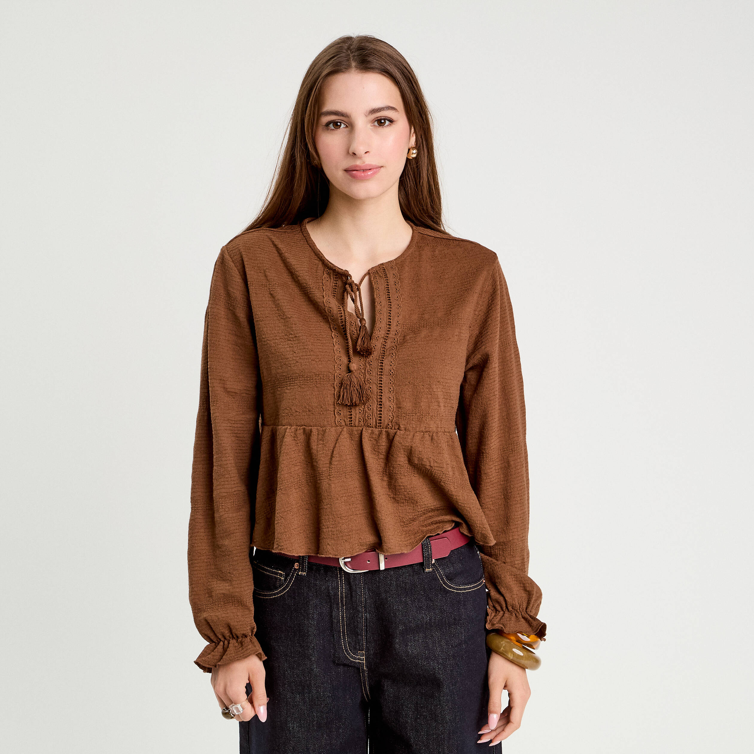 Chemise Manches Longues Toscane Taille 52 Marron - Style Tunique Rock, Viscose/soie