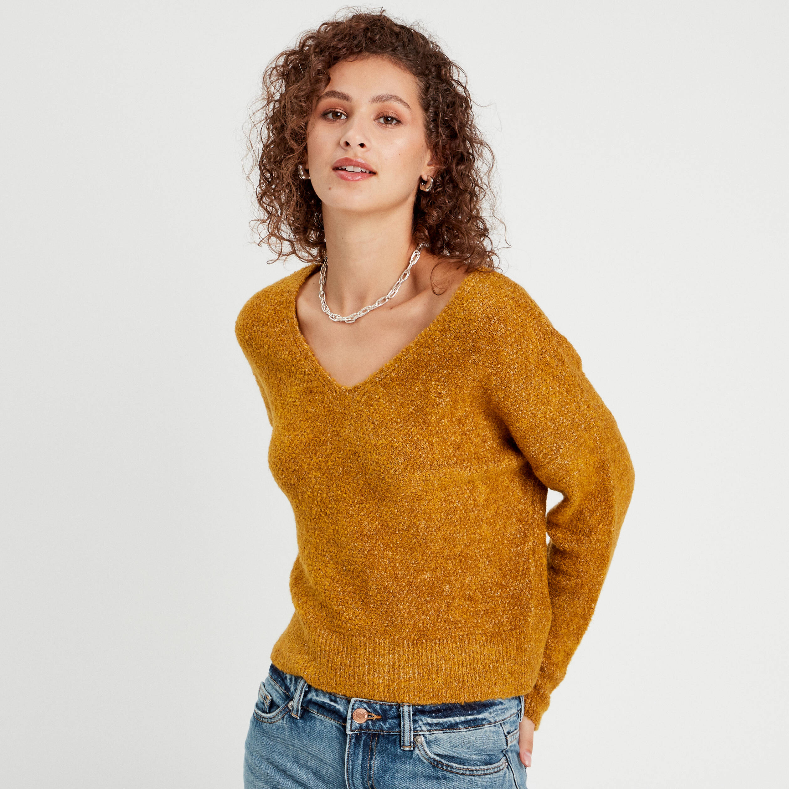 Pull manches longues col en V camel femme