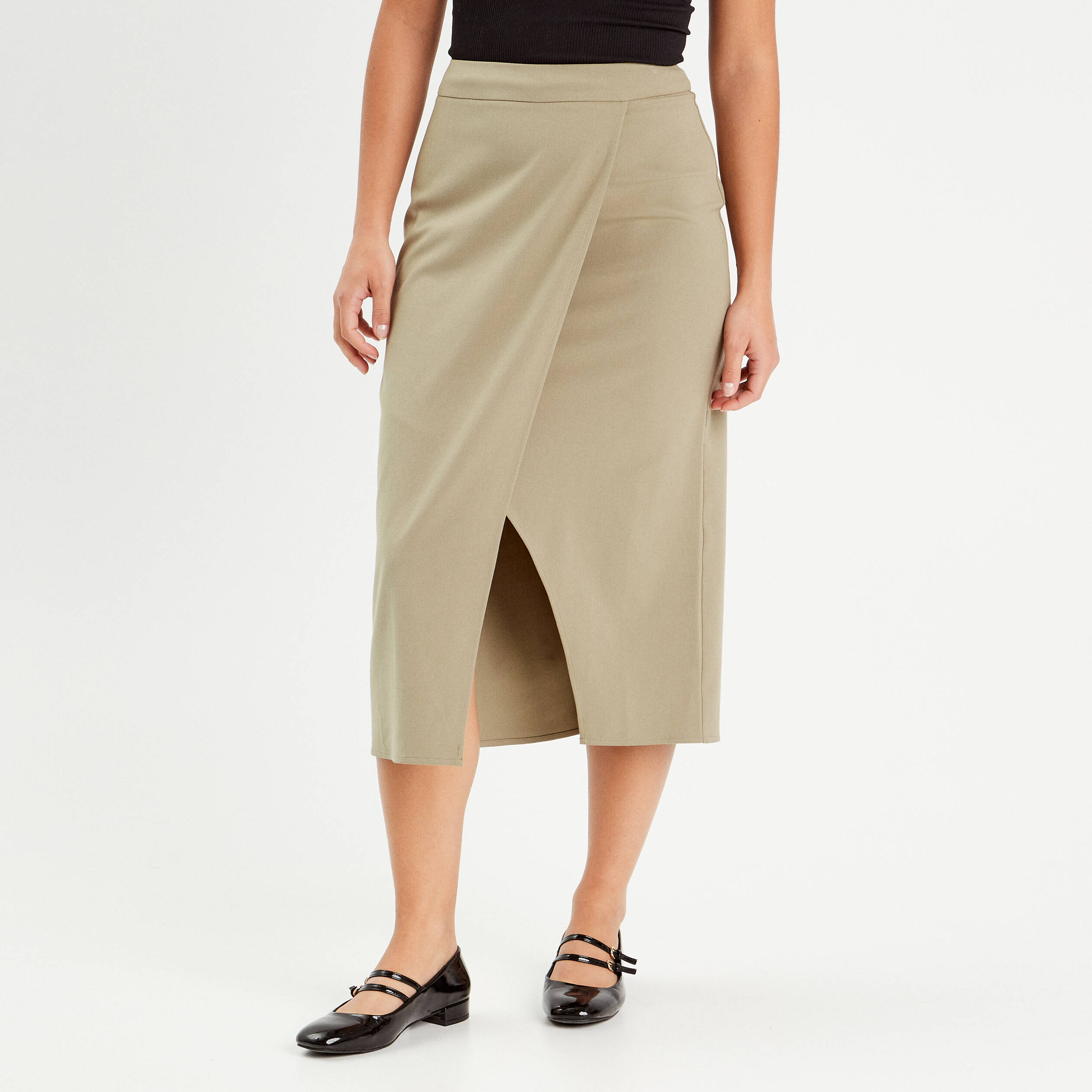 Jupe midi droite vert kaki femme