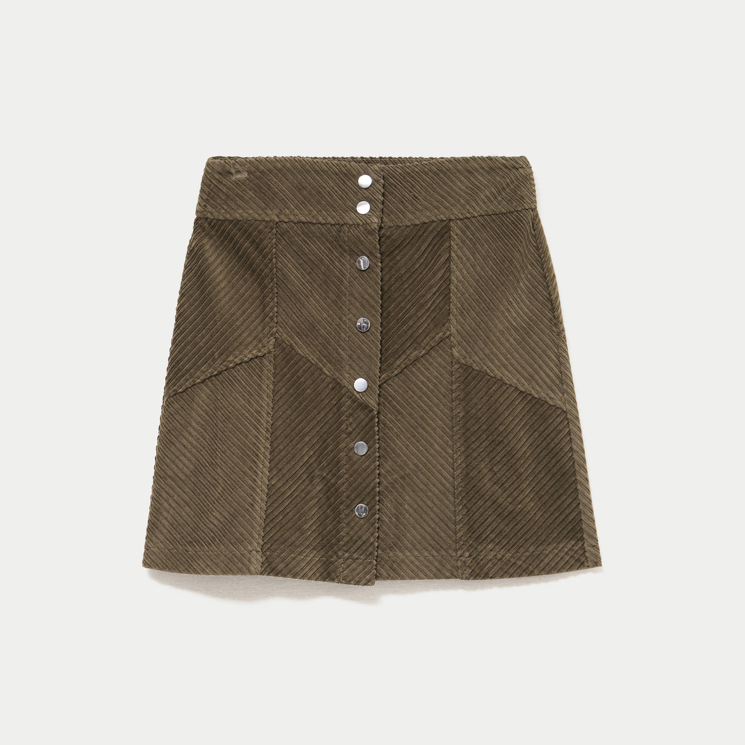Jupe courte trap&egrave;ze en velours vert kaki femme