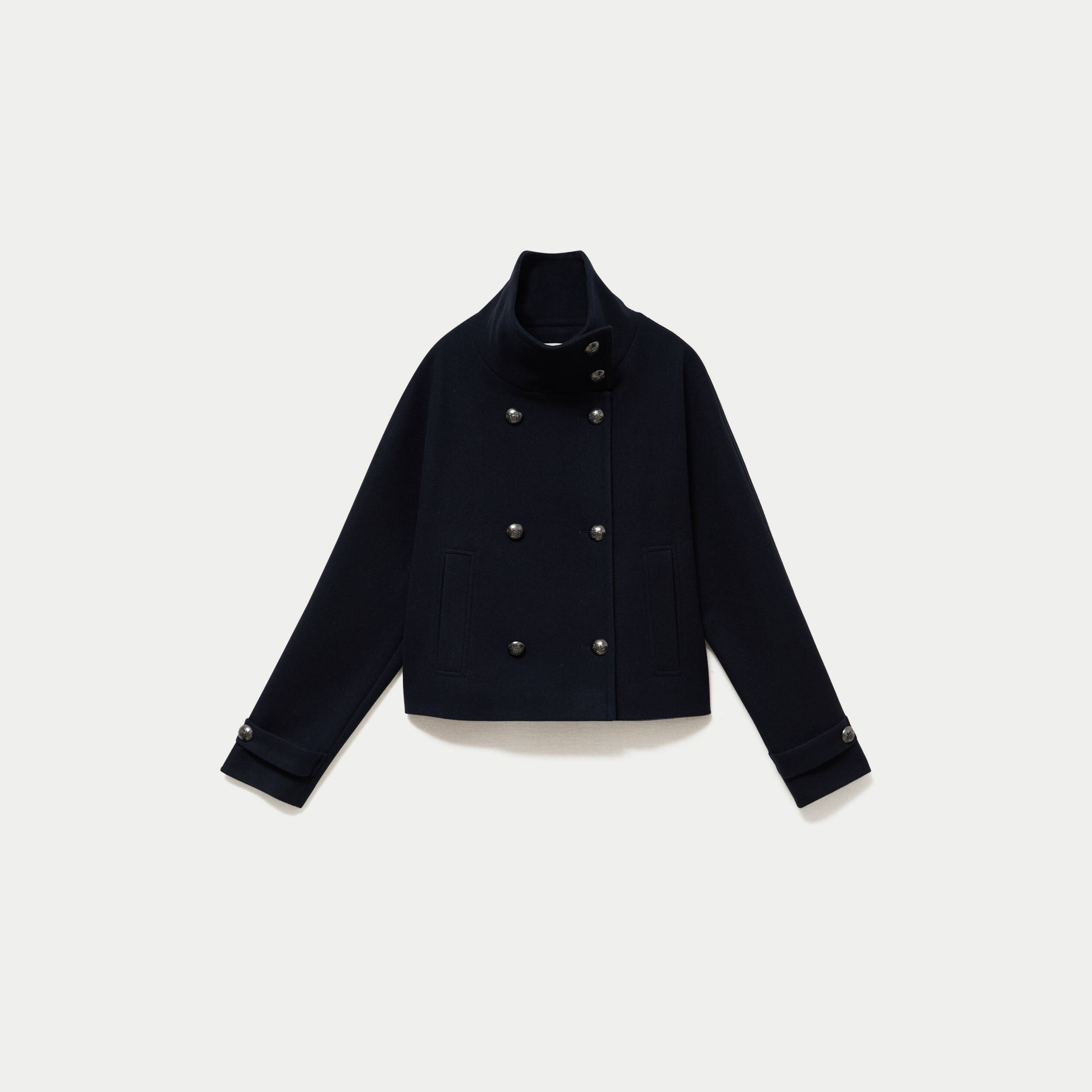 Caban droit col montant manches longues bleu marine femme