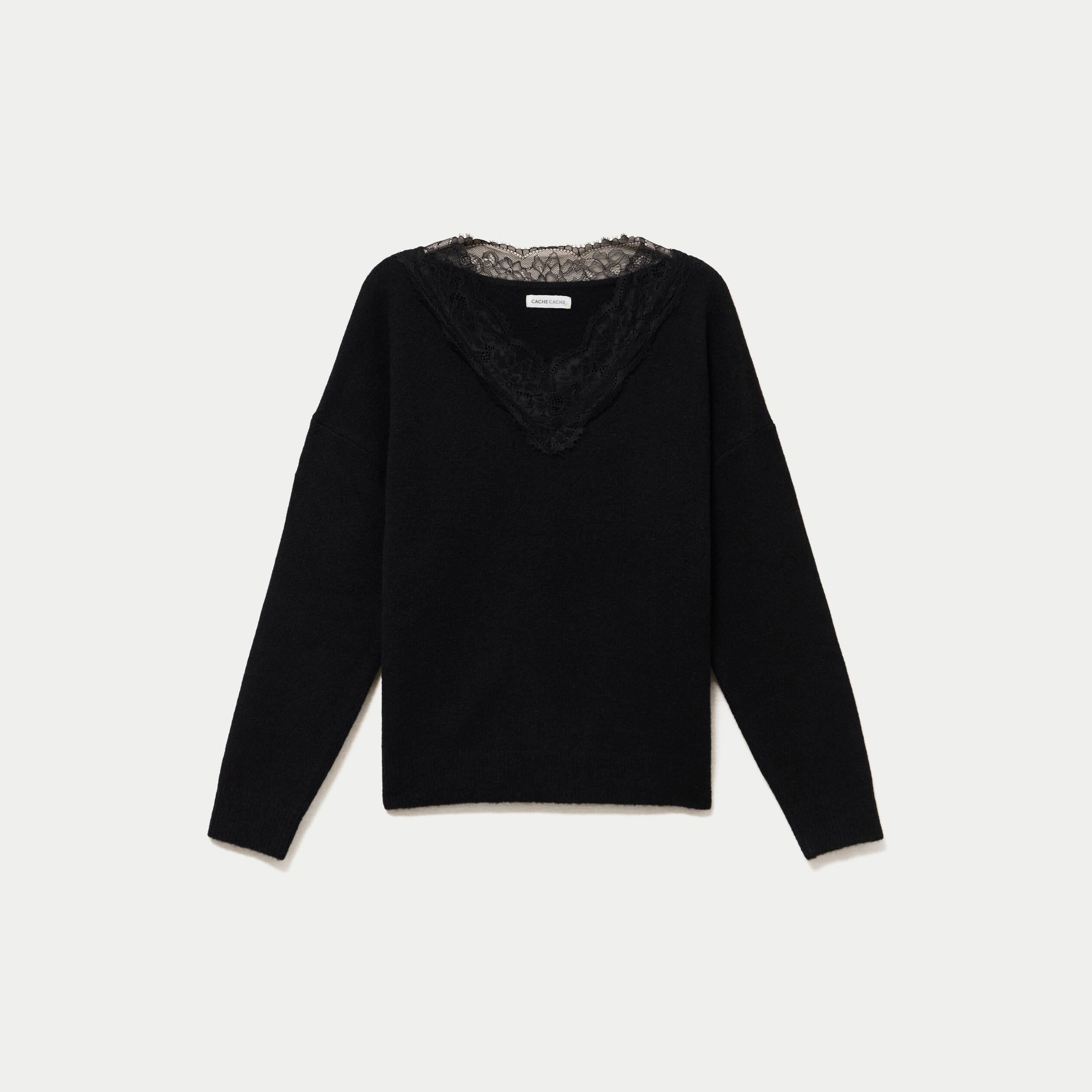 Pull col v manches longues dentelle noir femme