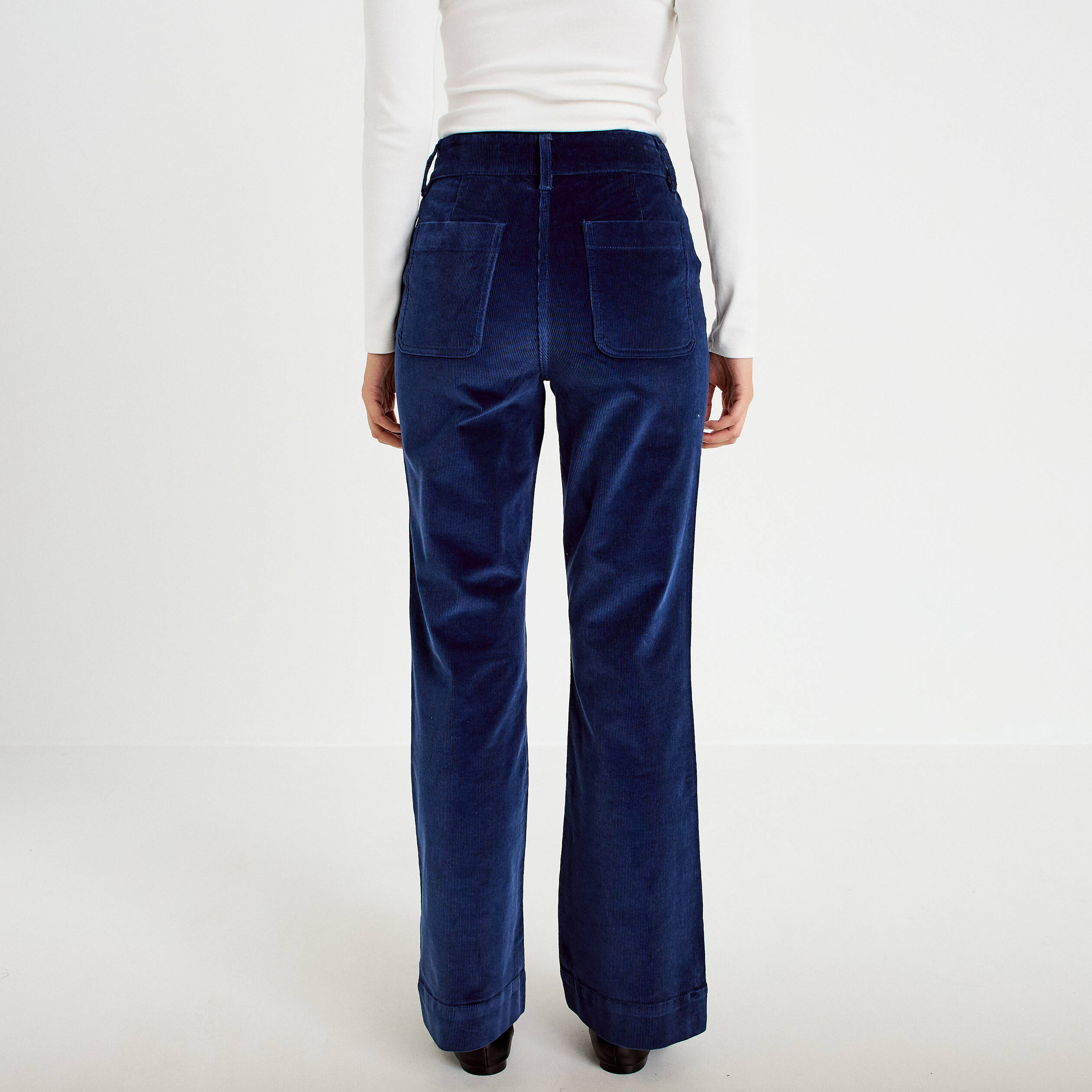 Pantalon bootcut taille haute velours bleu marine femme