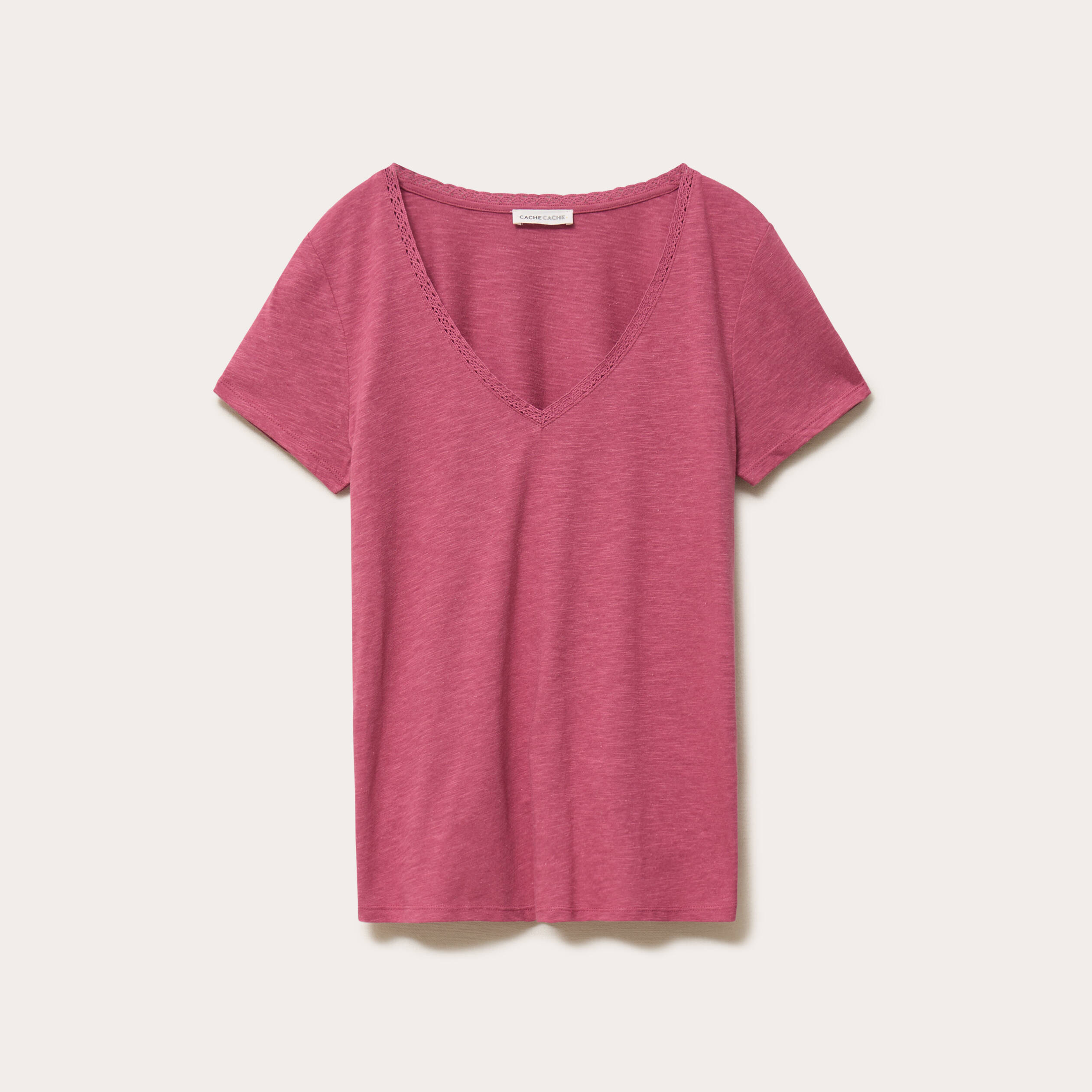 T-shirt col v manches courtes vieux rose femme