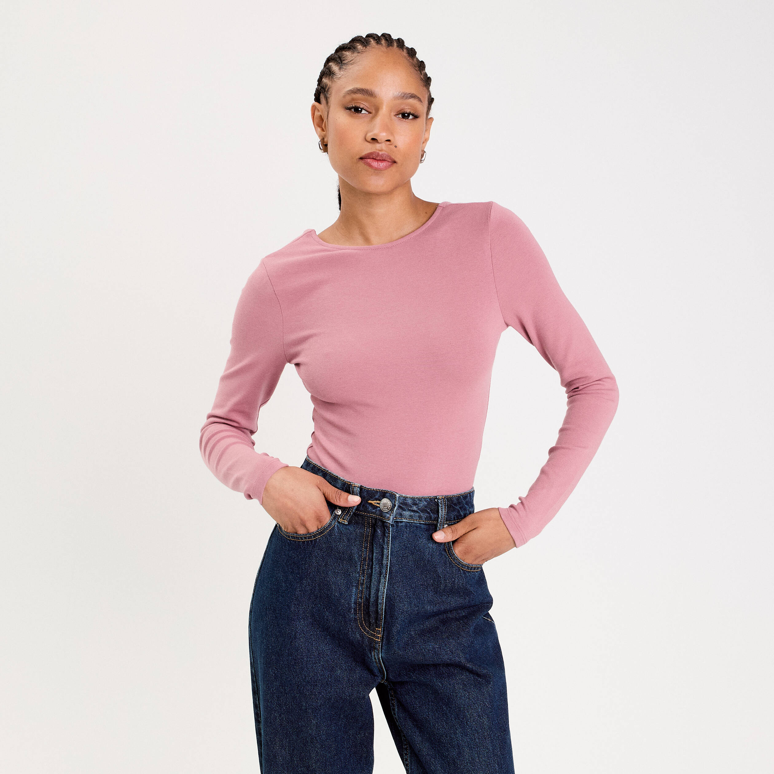 Body cintr&eacute; manches longues bateau vieux rose femme