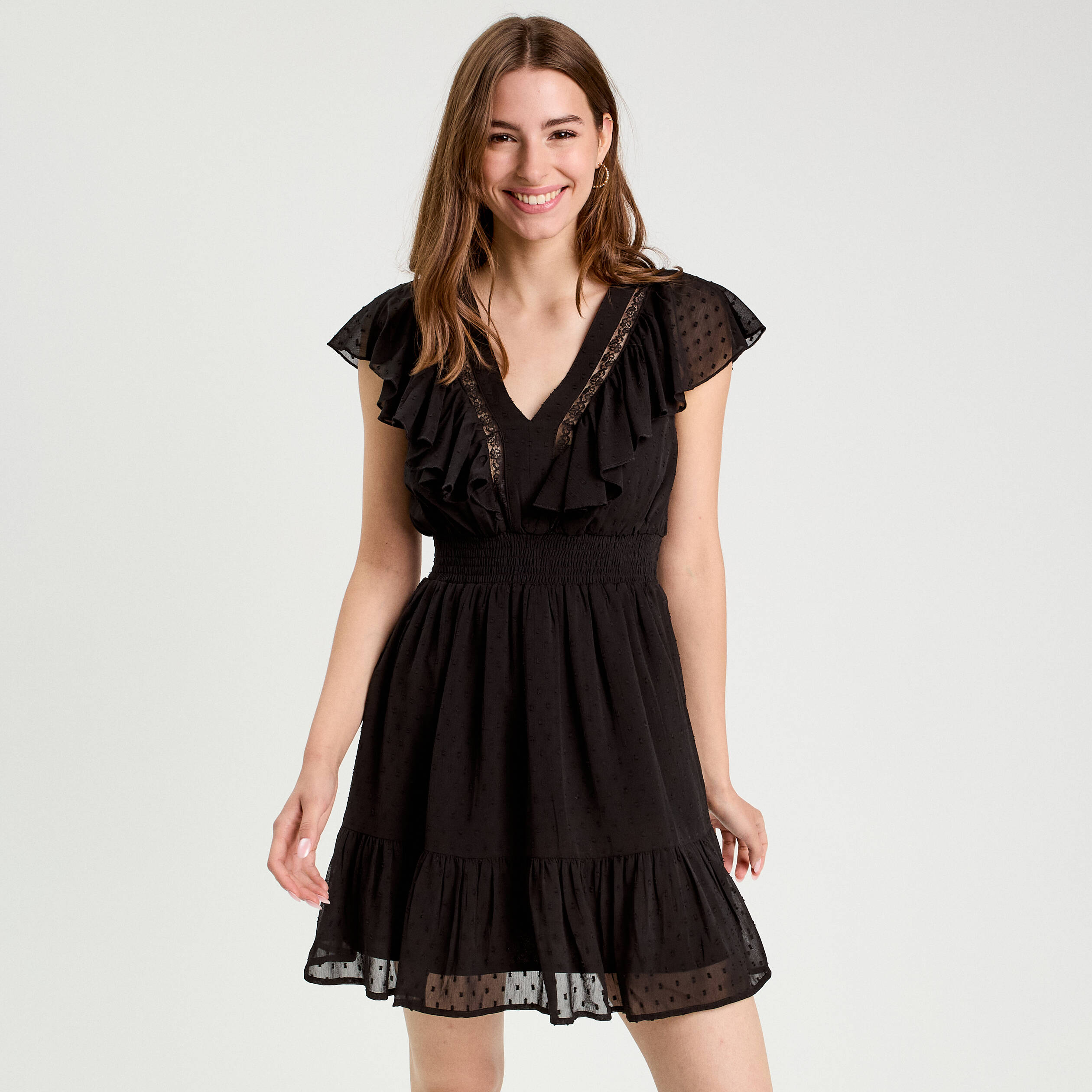 Robe évasée plumetis noir femme