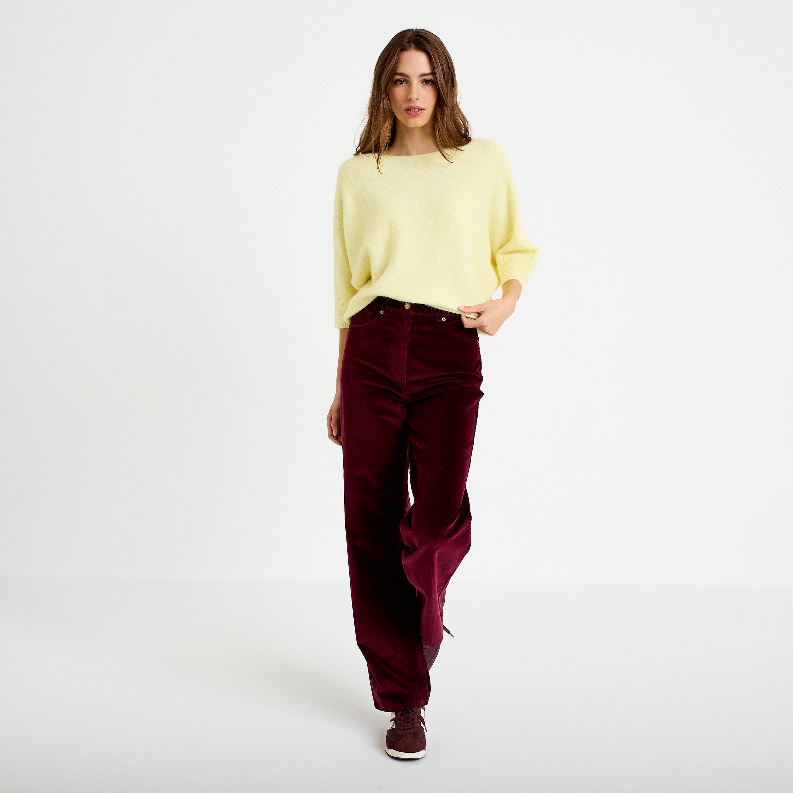 Pantalon bootcut taille haute velours bordeaux femme