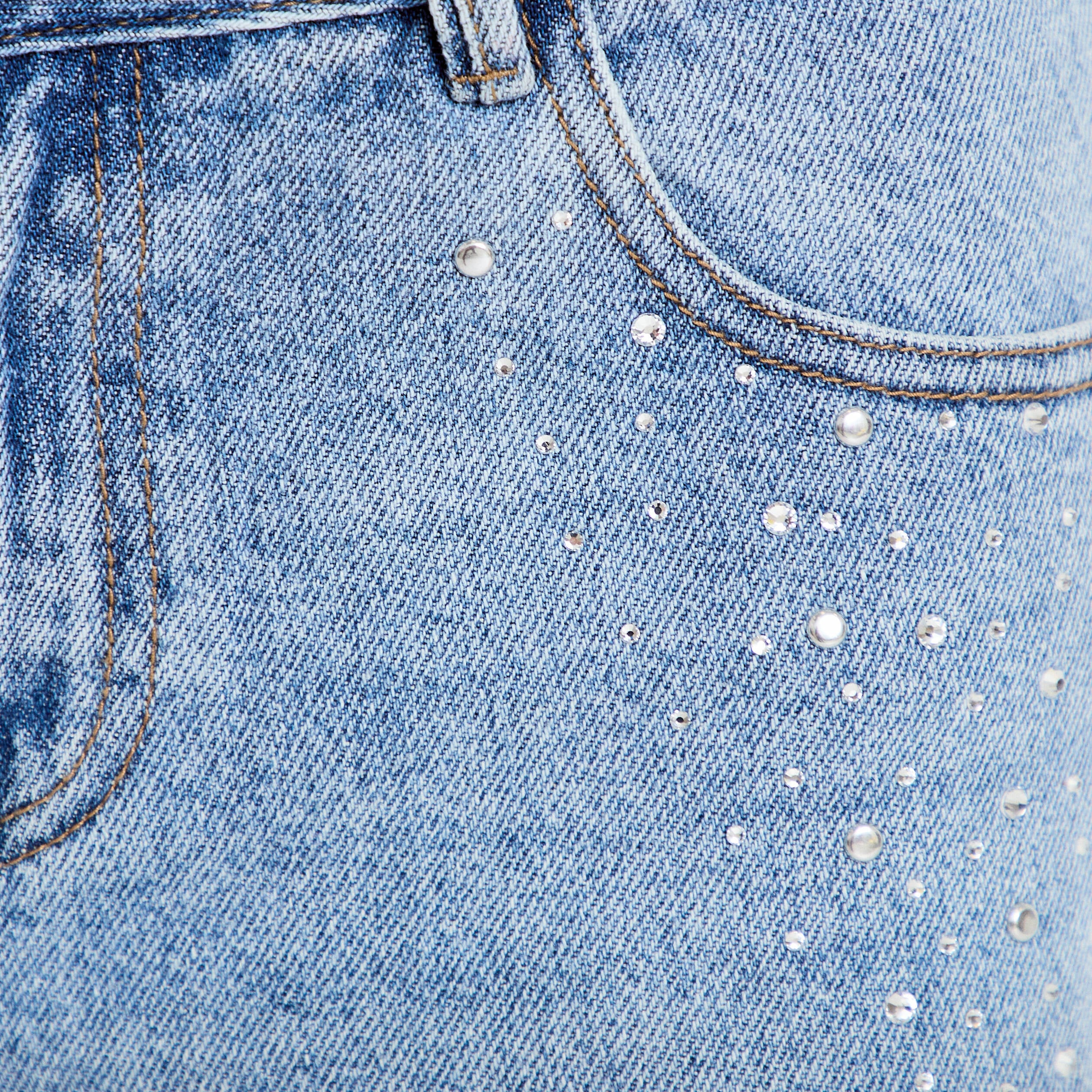 Jean wide leg taille basse strass denim triple stone femme