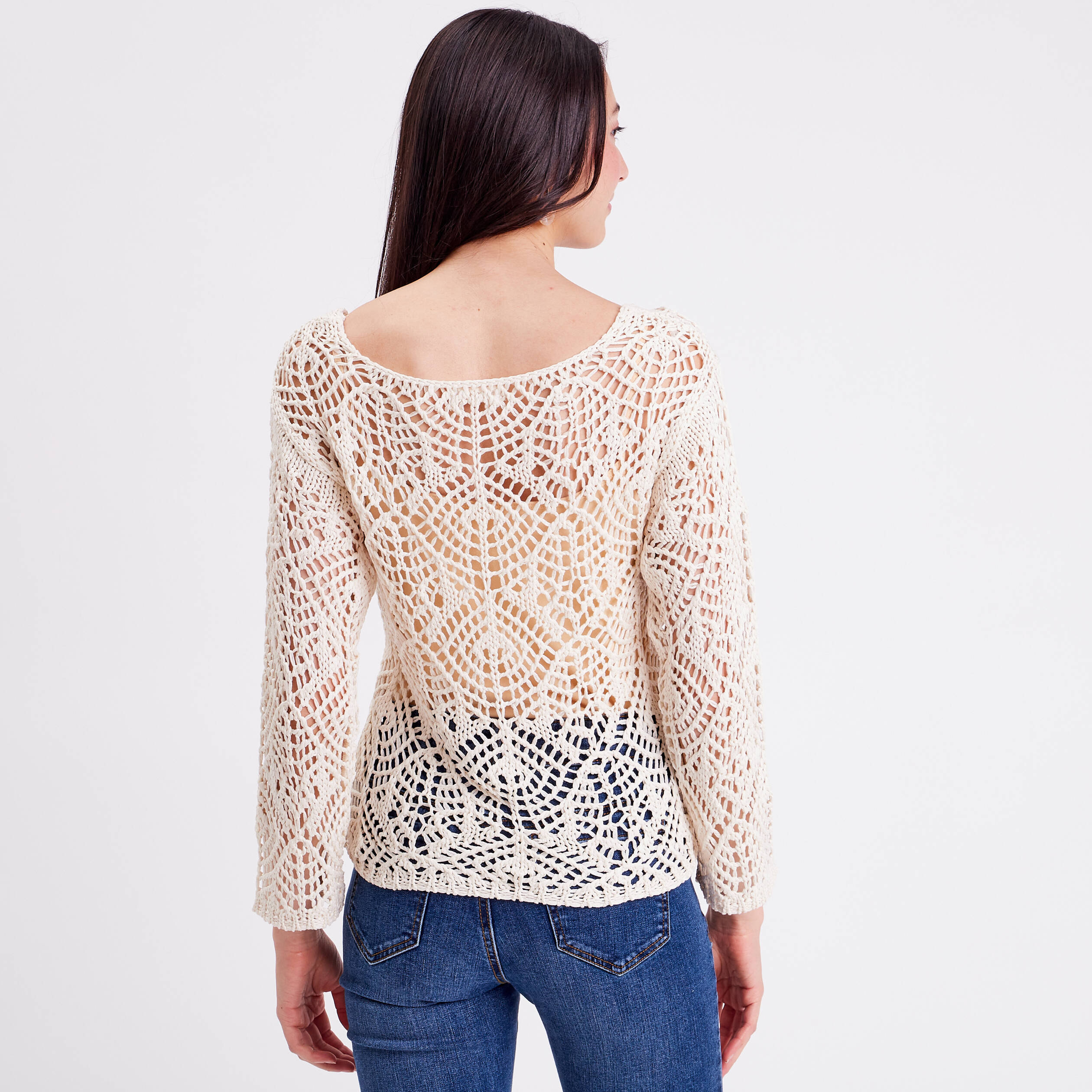 Pull crochet manches longues ivoire femme