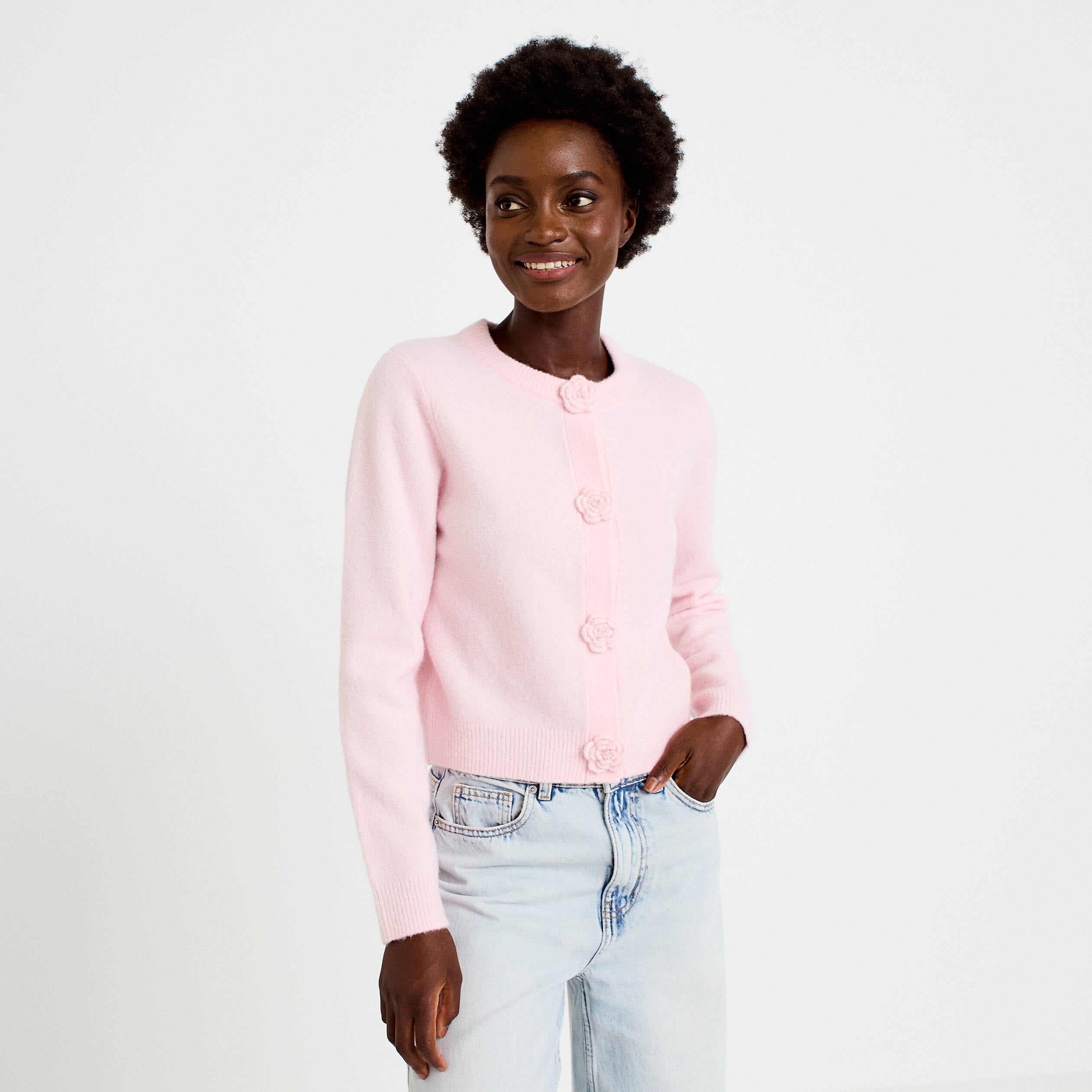 Gilet manches longues col rond rose clair femme