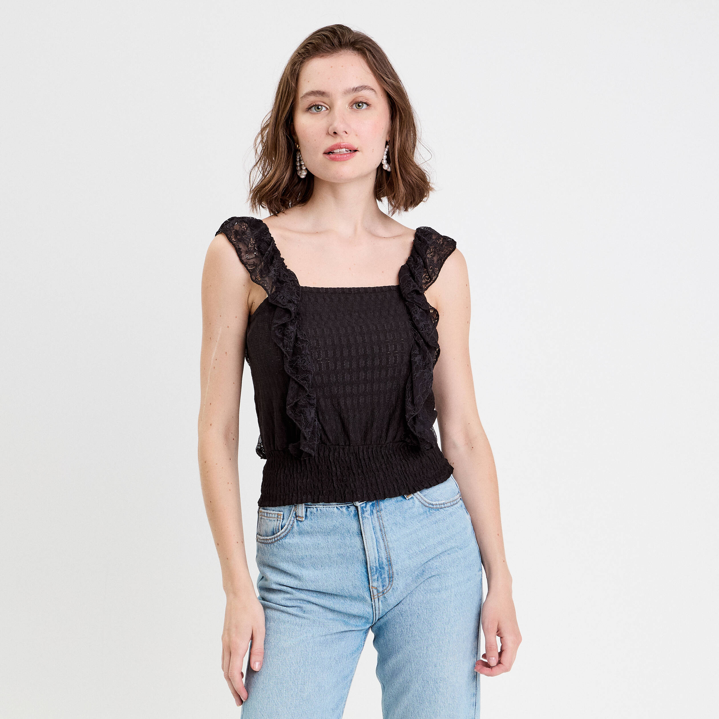 Top sans manches dentelle bas resserr&eacute; noir femme