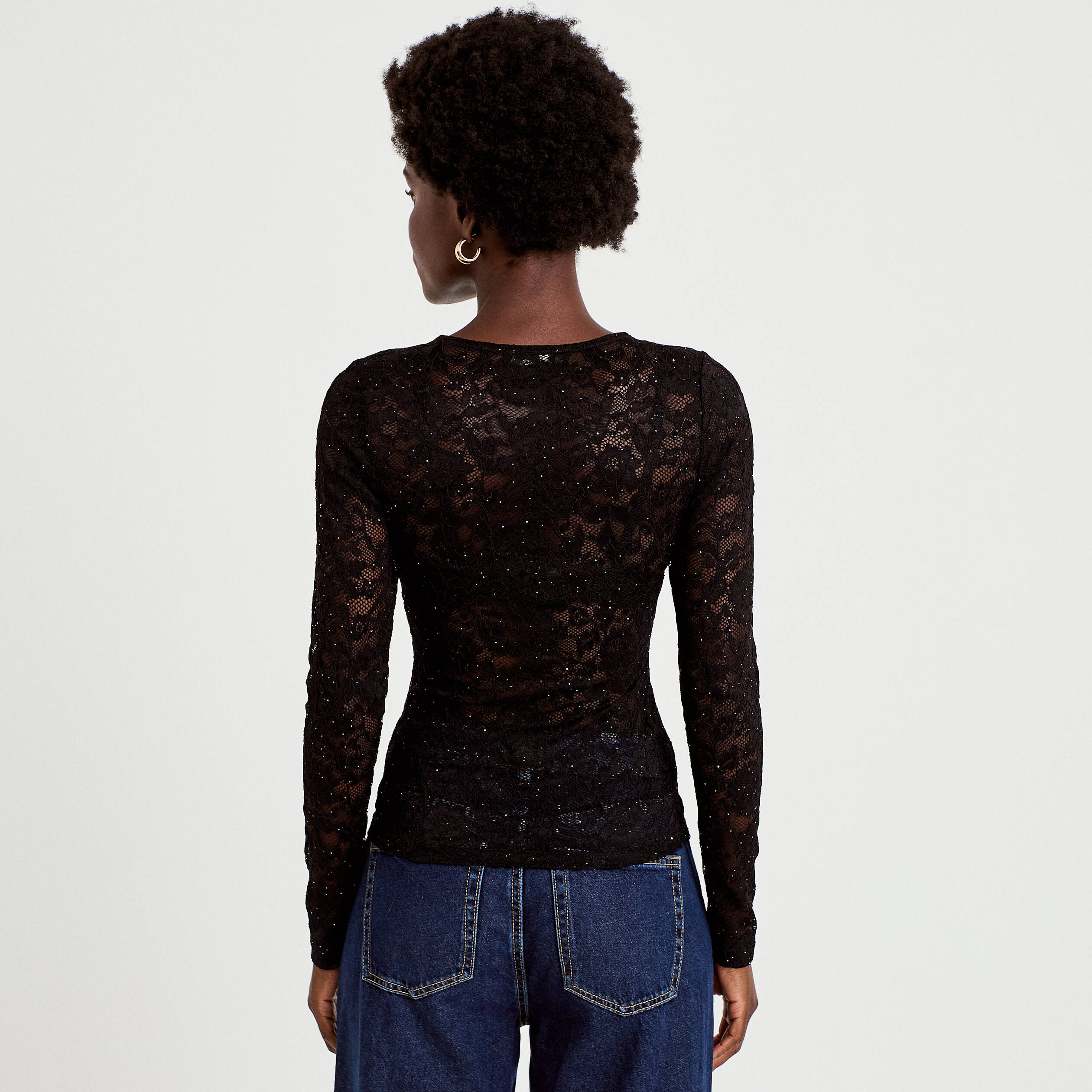 Top ajust&eacute; manches longues dentelle noir femme