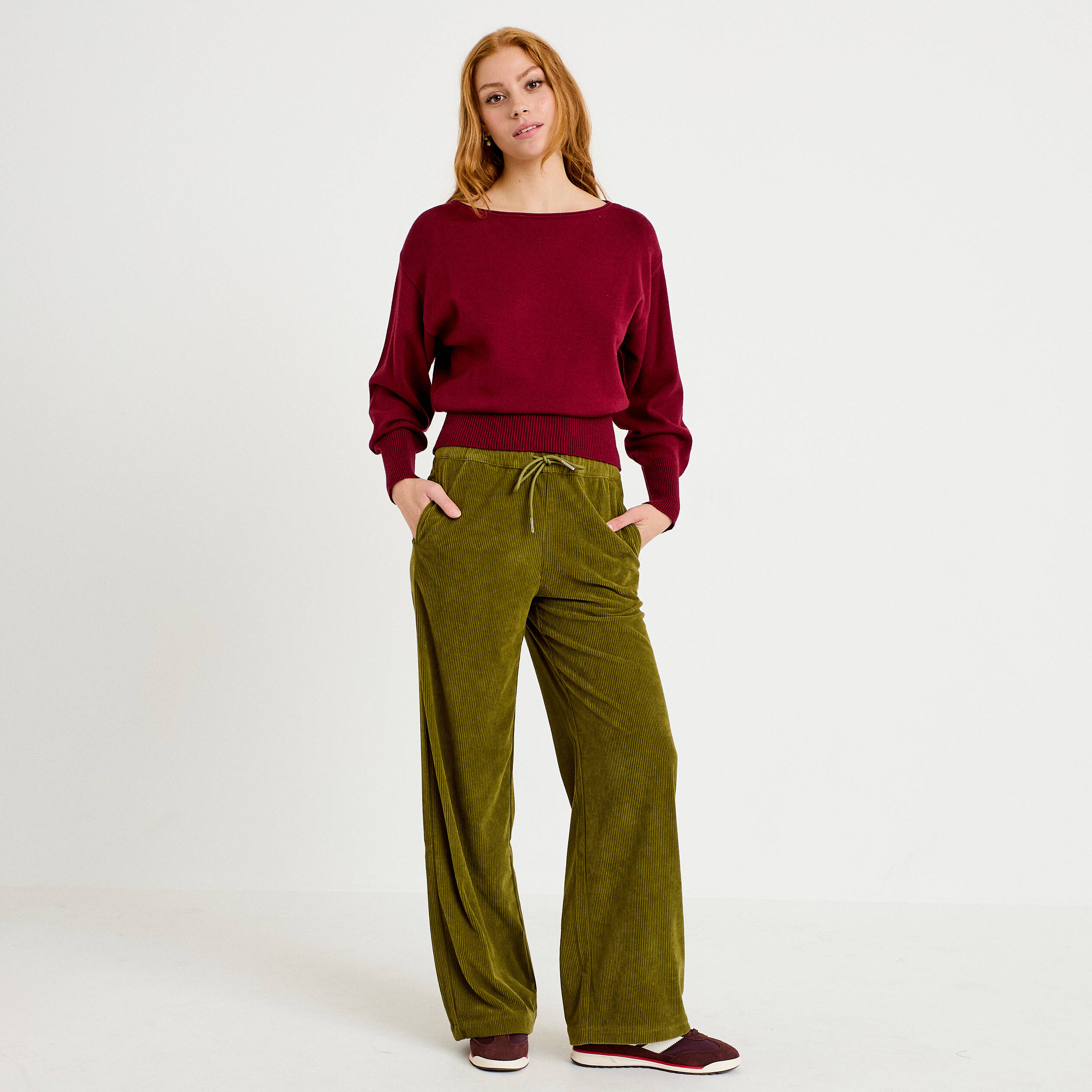 Pantalon jogging taille standard velours vert kaki femme