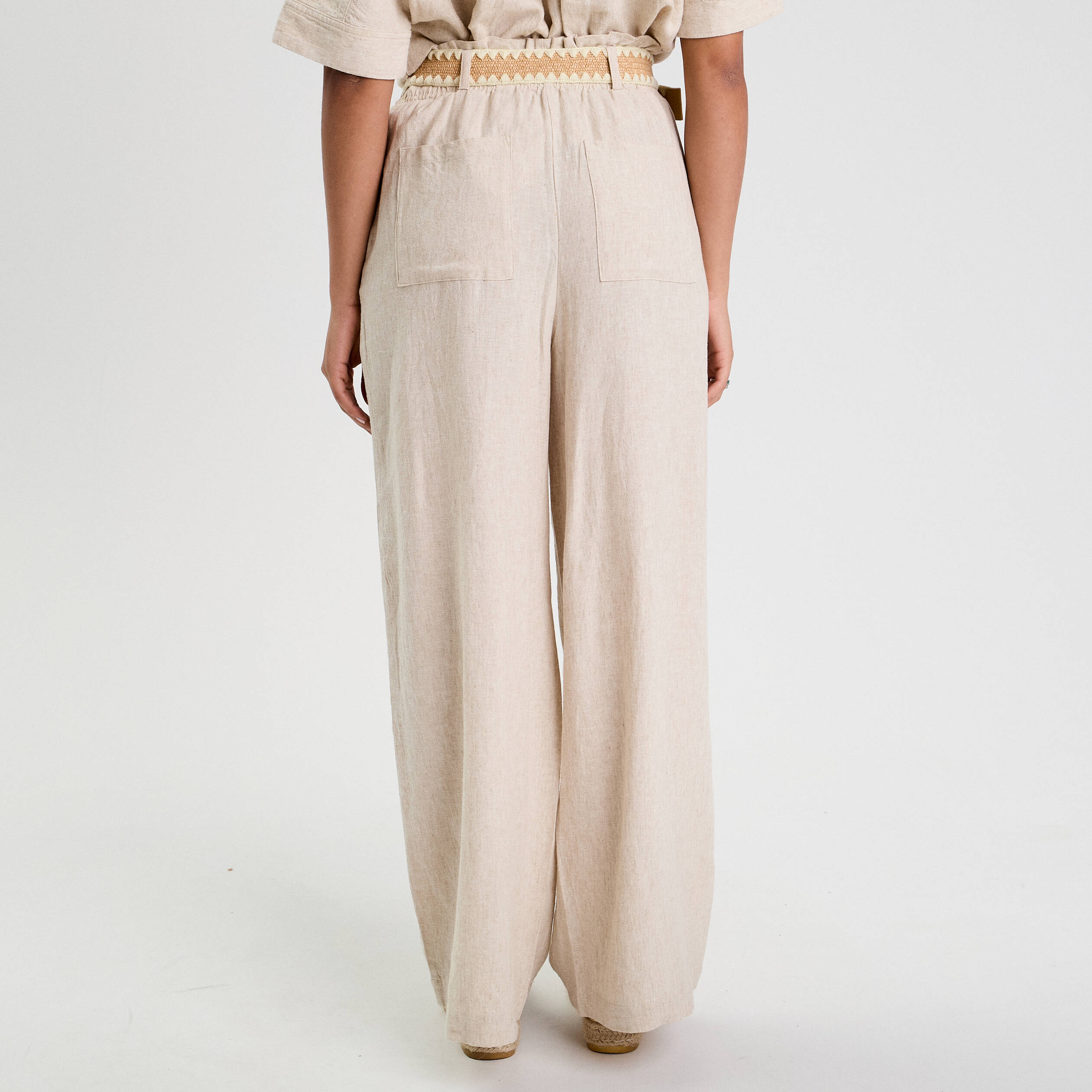 Pantalon large ceinturé contenant du lin beige femme