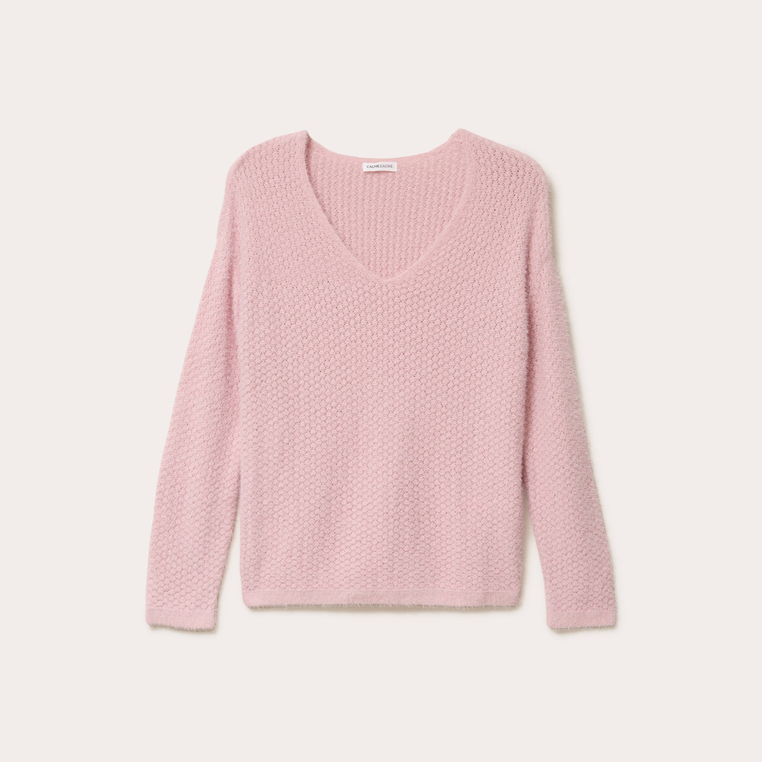 Pull col v manches longues rose pastel femme