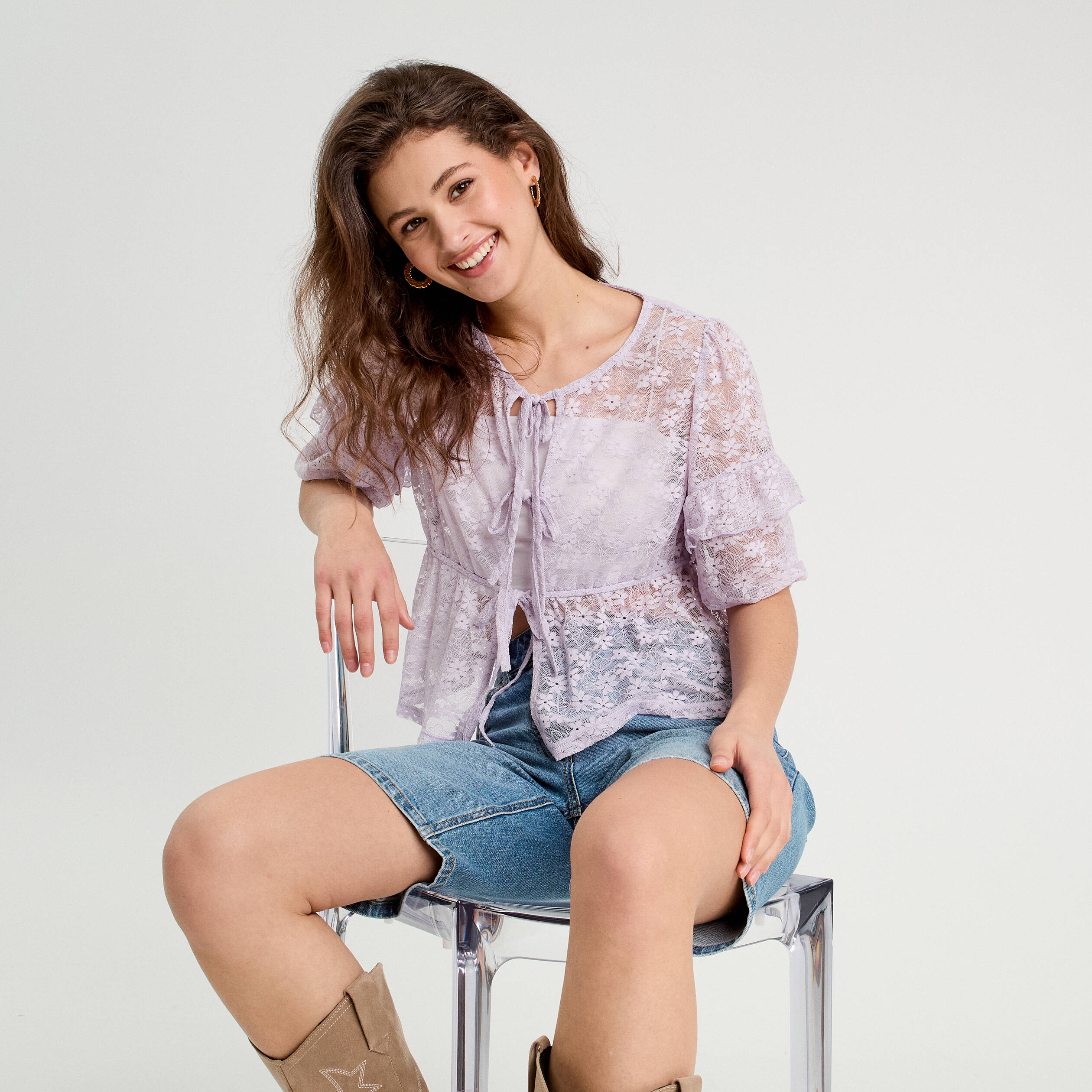 Blouse dentelle nouée parme femme