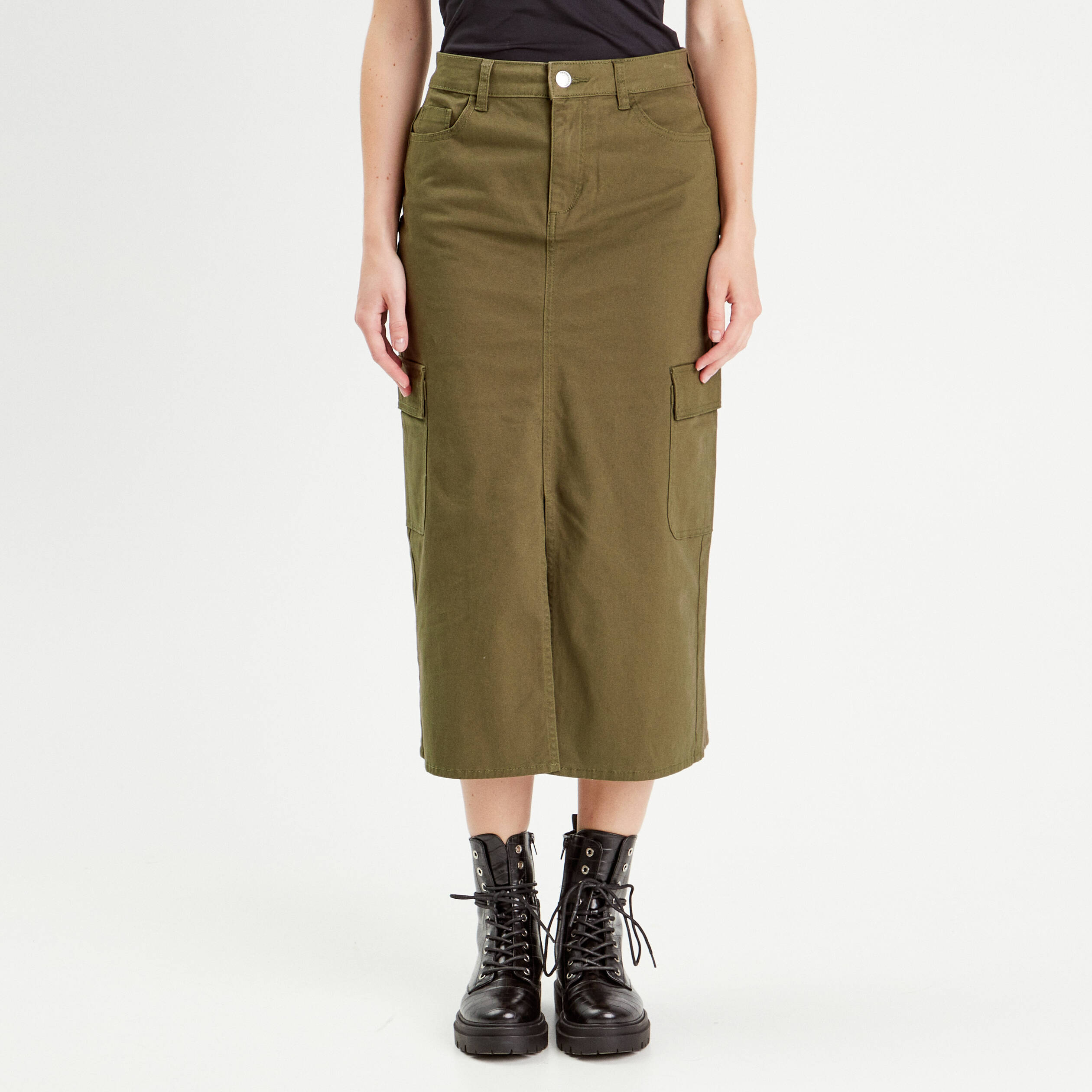 jupe midi droite poches rabats vert fonce femme Jupe midi droite poches rabats vert foncé femme
