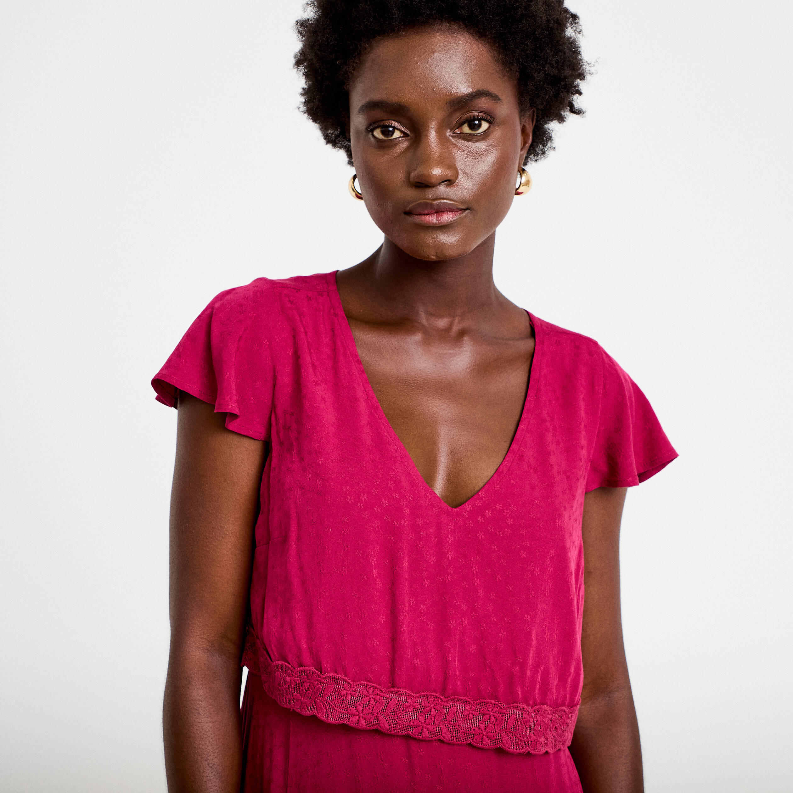 Robe longue droite col v manches courtes rouge femme